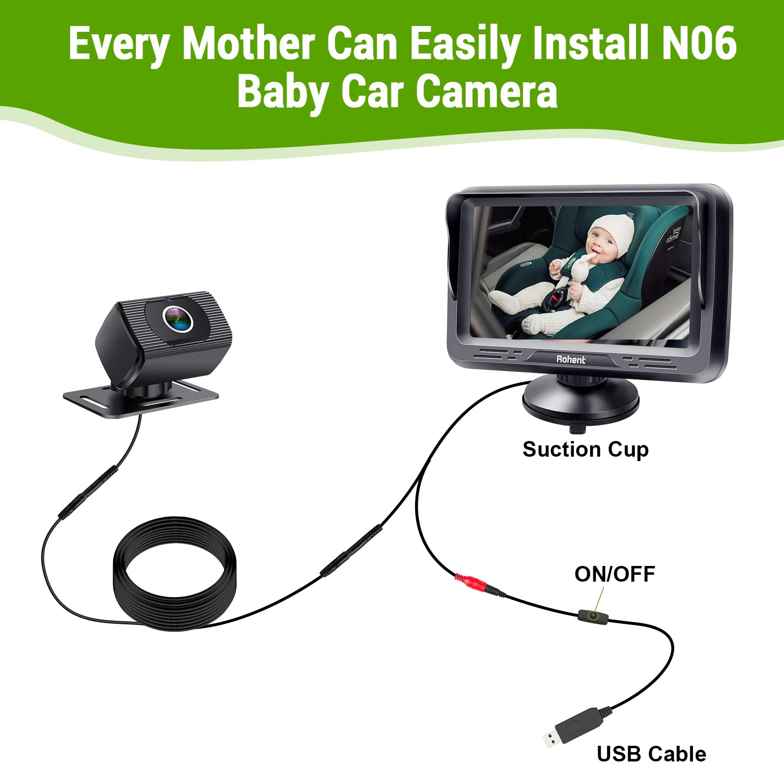 Foto 2 | Cámara De Coche Para Bebé Rohent Hd 1080p Usb Plug & Play, Asiento Trasero - Venta Internacional.