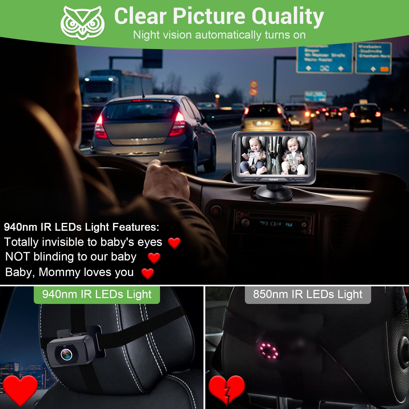 Foto 3 | Cámara De Coche Para Bebé Rohent Hd 1080p Usb Plug & Play, Asiento Trasero - Venta Internacional.