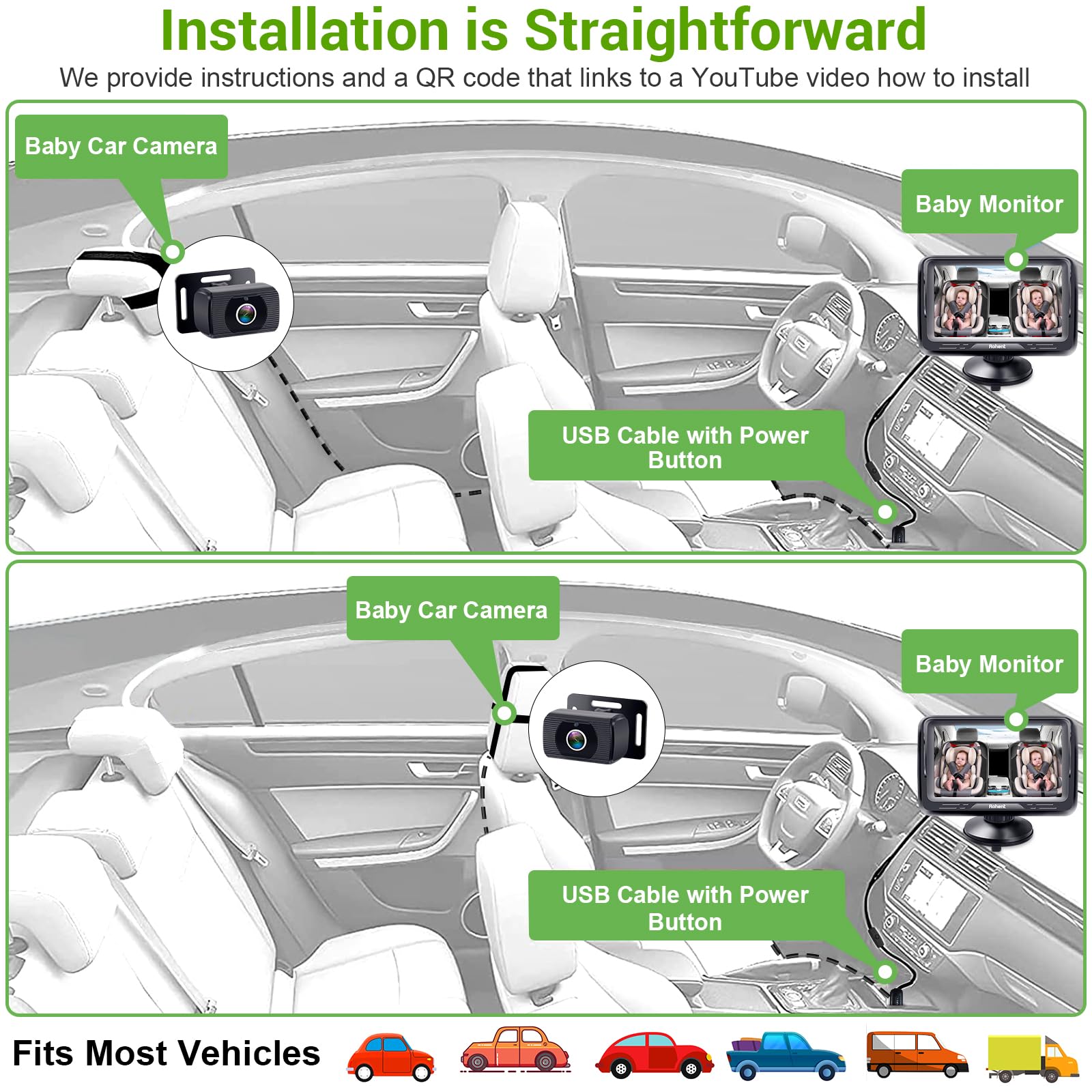 Foto 6 | Cámara De Coche Para Bebé Rohent Hd 1080p Usb Plug & Play, Asiento Trasero - Venta Internacional.