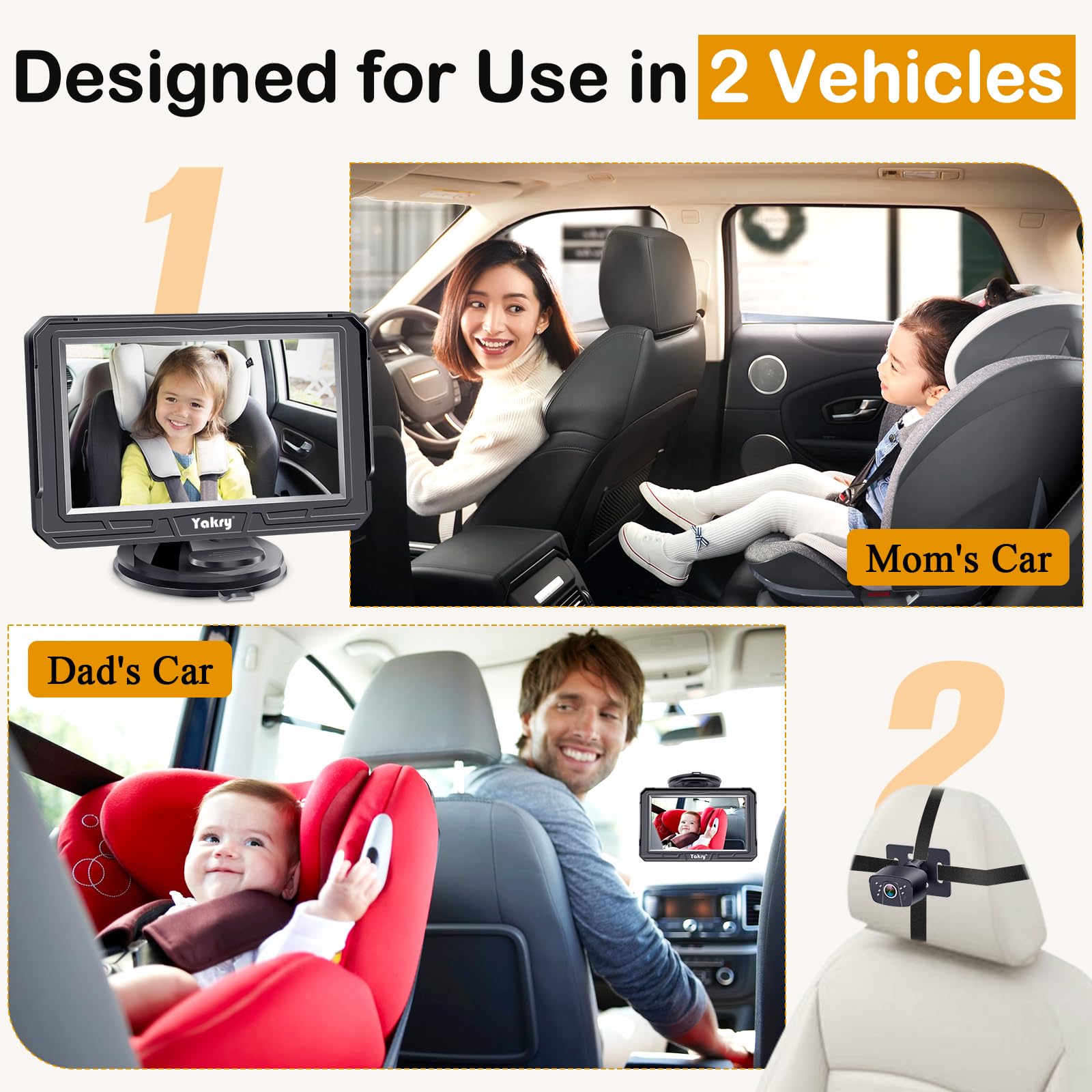 Foto 4 pulgar | Cámara De Coche Para Bebés Yakry Hd 1080p Con Cámara Dual, Paquete De 2 - Venta Internacional.