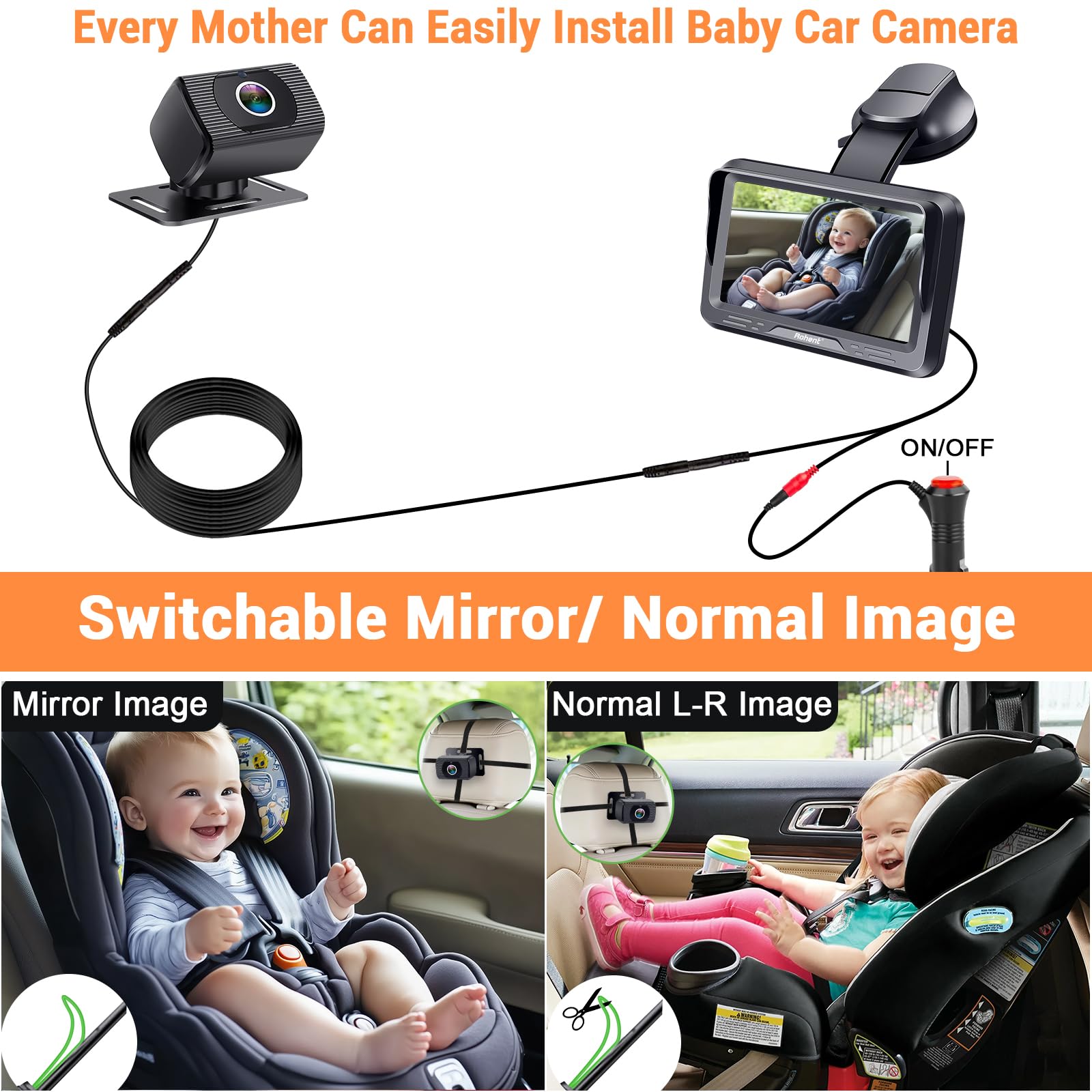 Foto 7 pulgar | Cámara De Coche Para Bebés Rohent Hd 1080p Orientada Hacia Atrás Con Visión Nocturna - Venta Internacional.