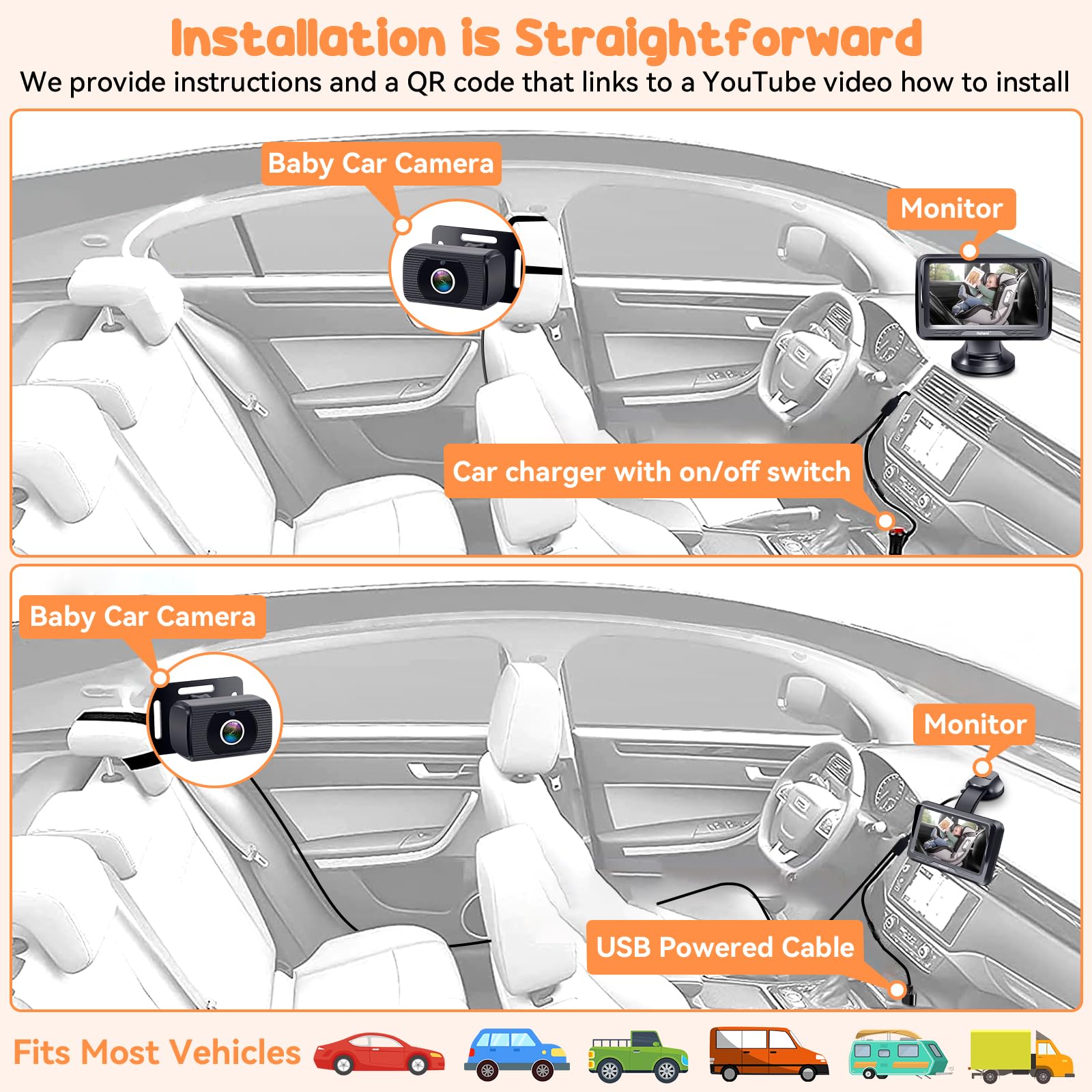 Foto 8 pulgar | Cámara De Coche Para Bebés Rohent Hd 1080p Orientada Hacia Atrás Con Visión Nocturna - Venta Internacional.