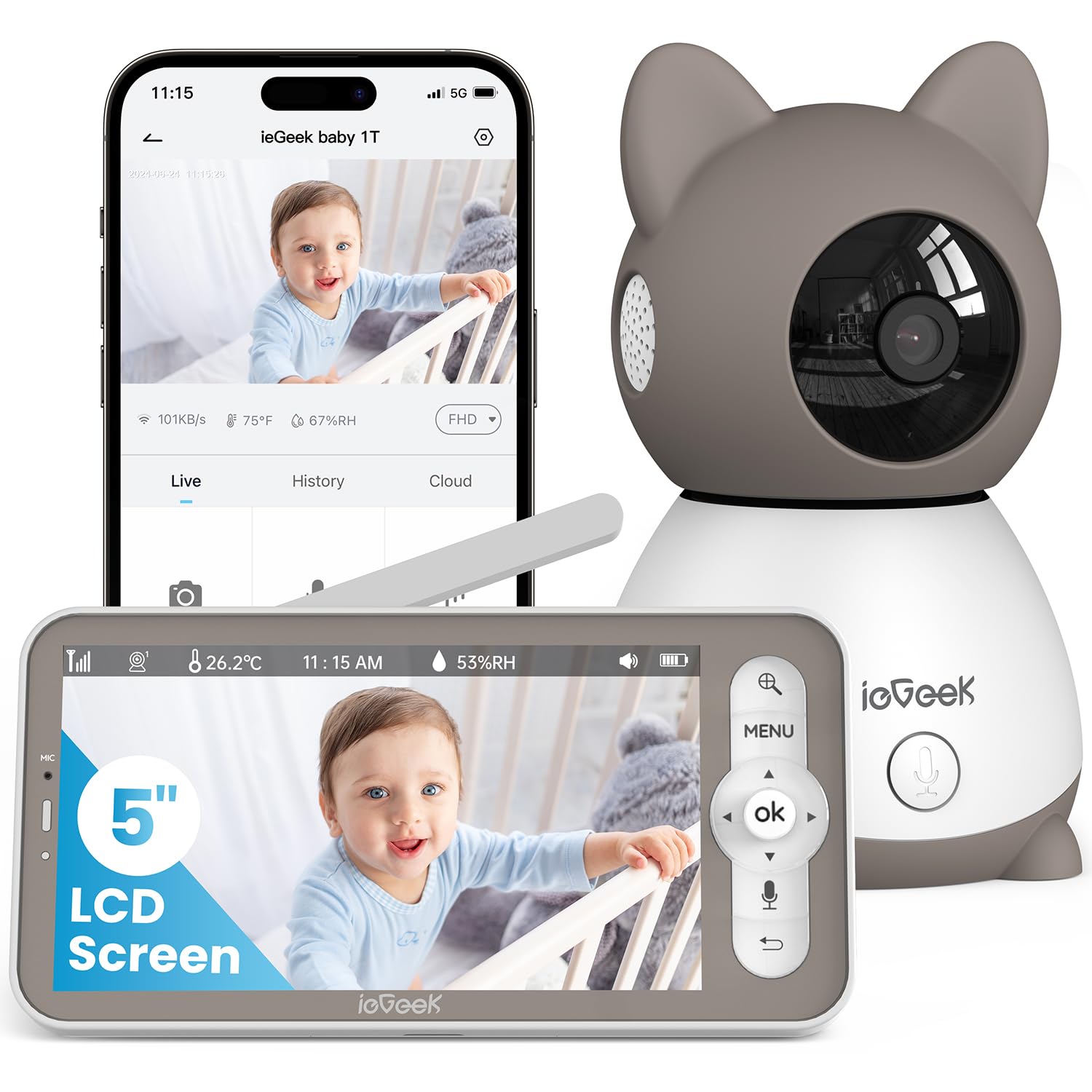 Foto 2 pulgar | Cámara Baby Monitor Iegeek 2k Con Pantalla De Visión Nocturna De 5 Pulgadas - Venta Internacional.