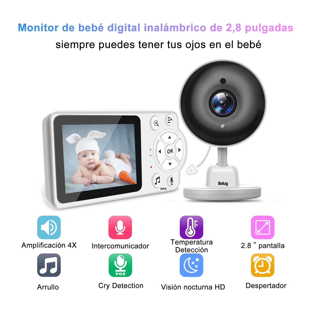 Foto 3 pulgar | Monitor Para Bebe Seguridad De Visión Nocturna Con Audio 2 Pzs Blanco