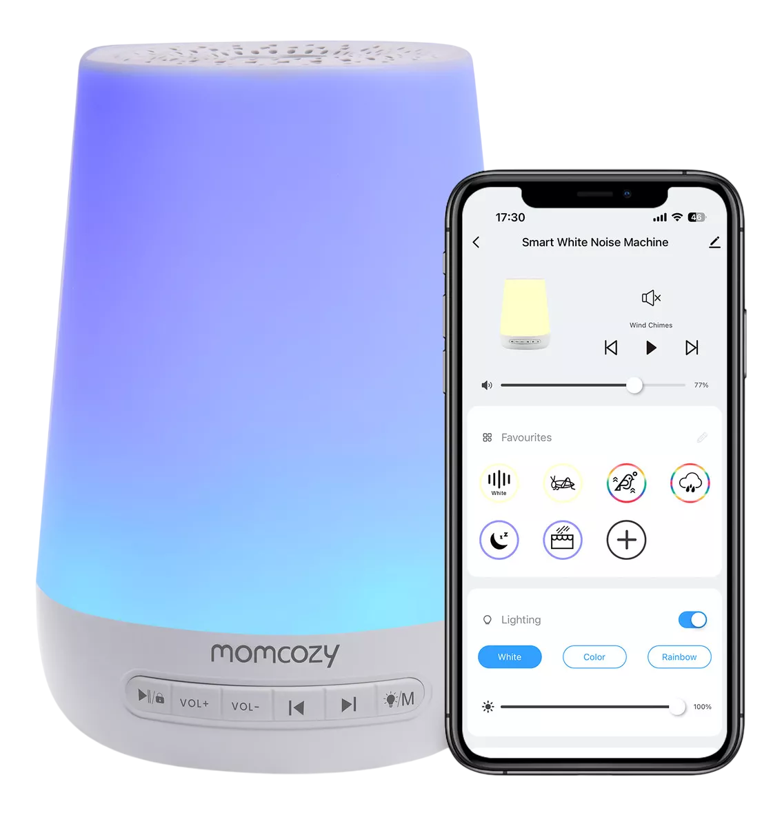 Máquina de Ruido Blanco Momcozy con Control App y Luz Nocturna Blanco