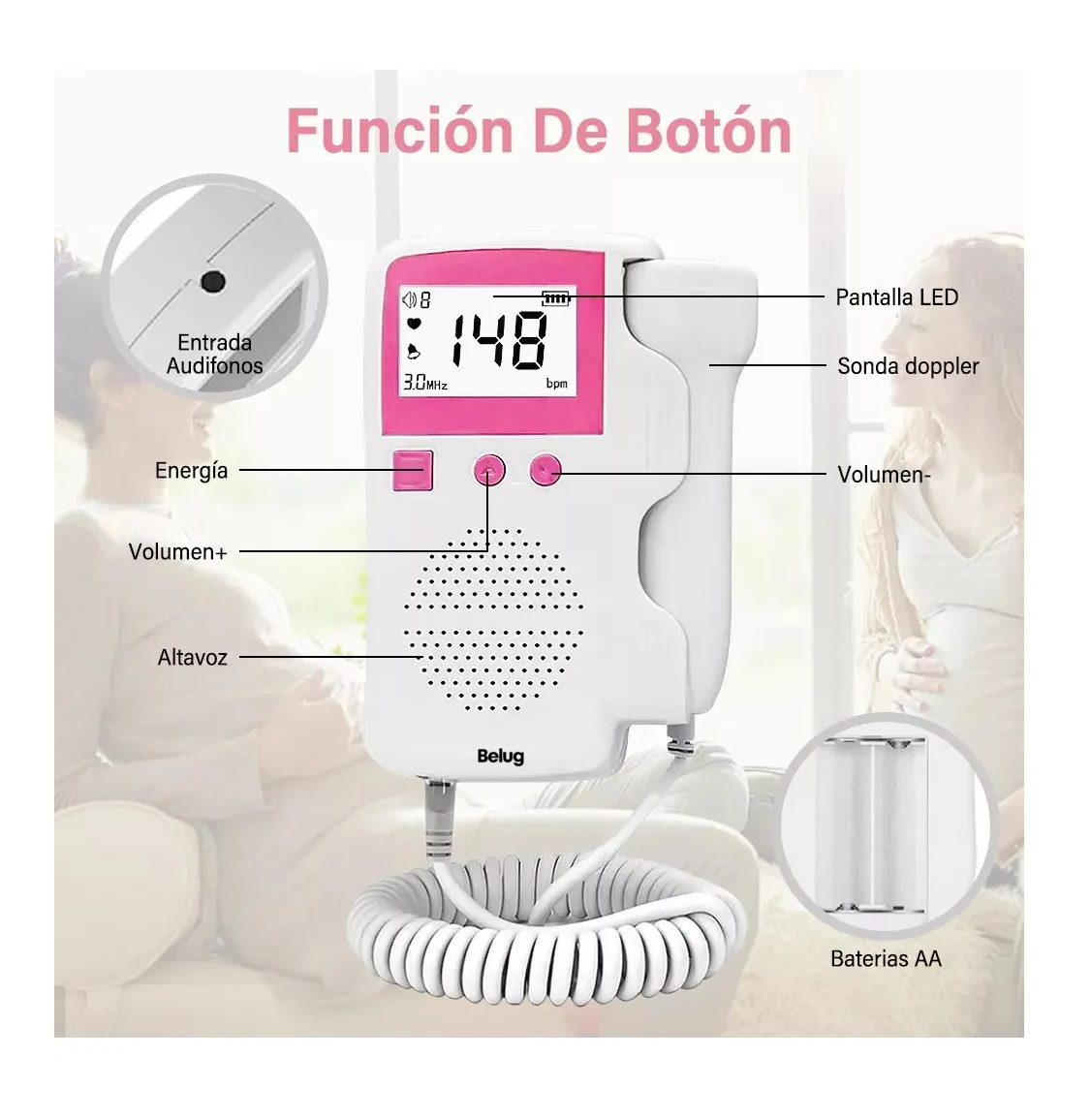 Foto 4 pulgar | Detector De Frecuencia Cardíaca Fetal Doppler + Gel Batería  Rosa