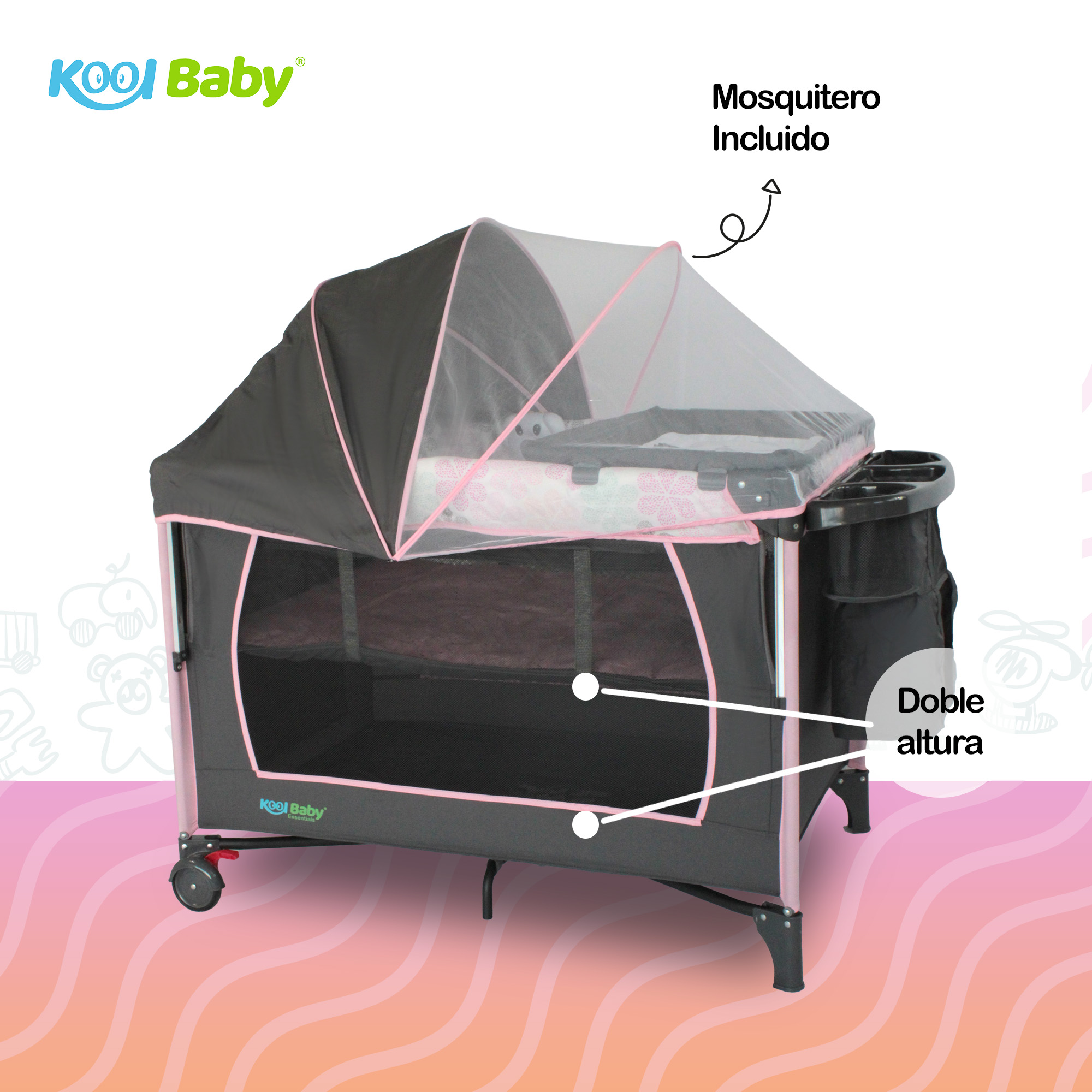 Foto 2 | Cuna de Viaje con Toldo Mosquitero Kool Baby PP-02 color Gris y Rosa