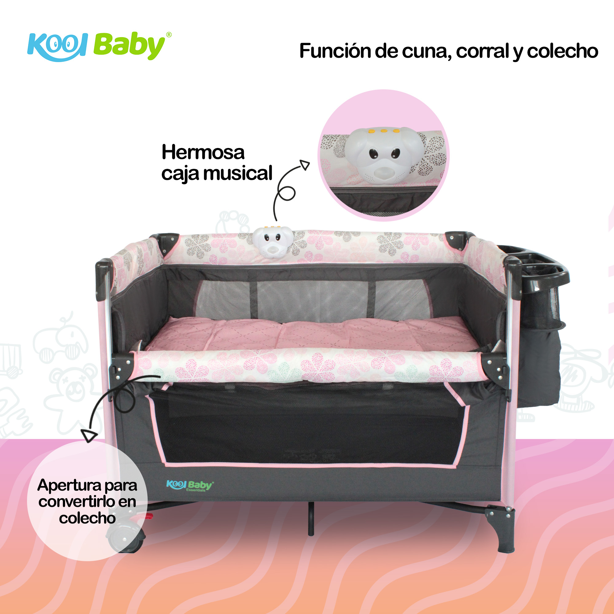 Foto 5 | Cuna de Viaje con Toldo Mosquitero Kool Baby PP-02 color Gris y Rosa