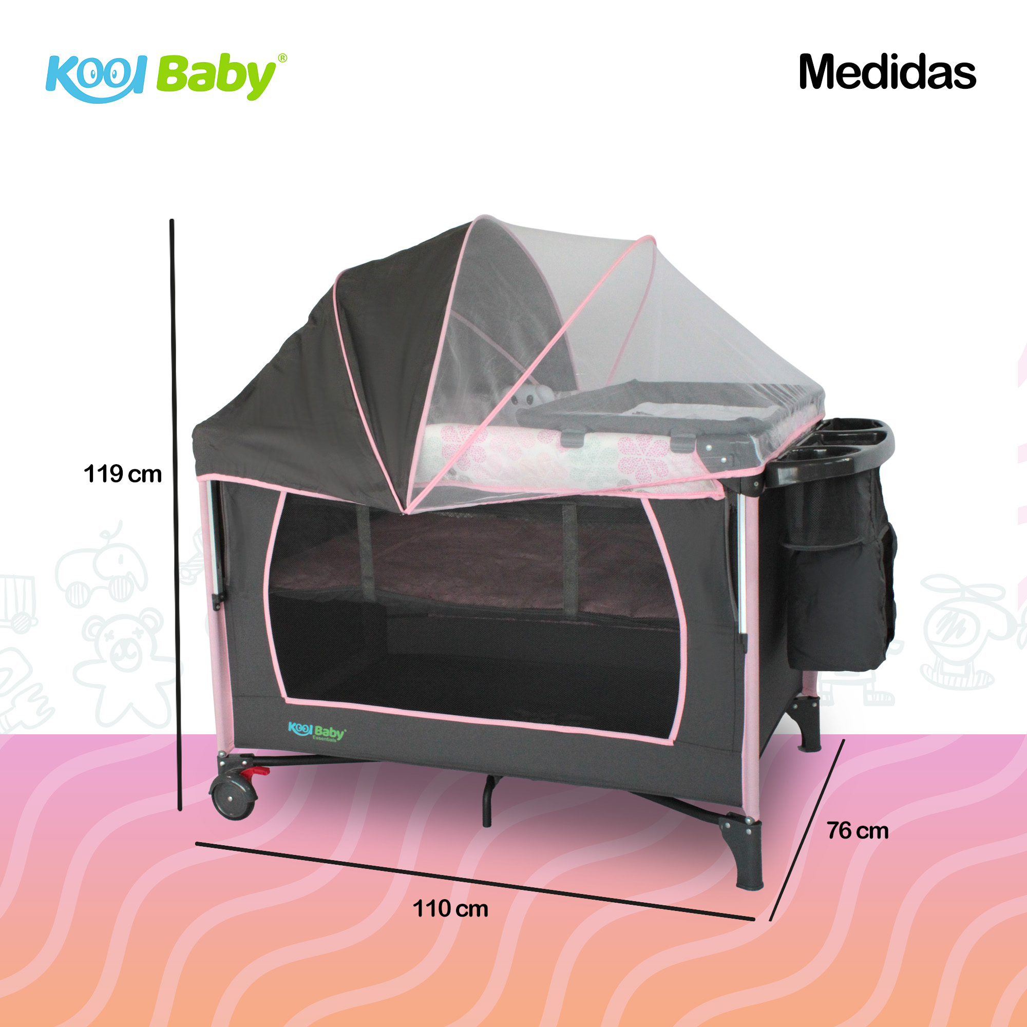 Foto 6 | Cuna de Viaje con Toldo Mosquitero Kool Baby PP-02 color Gris y Rosa