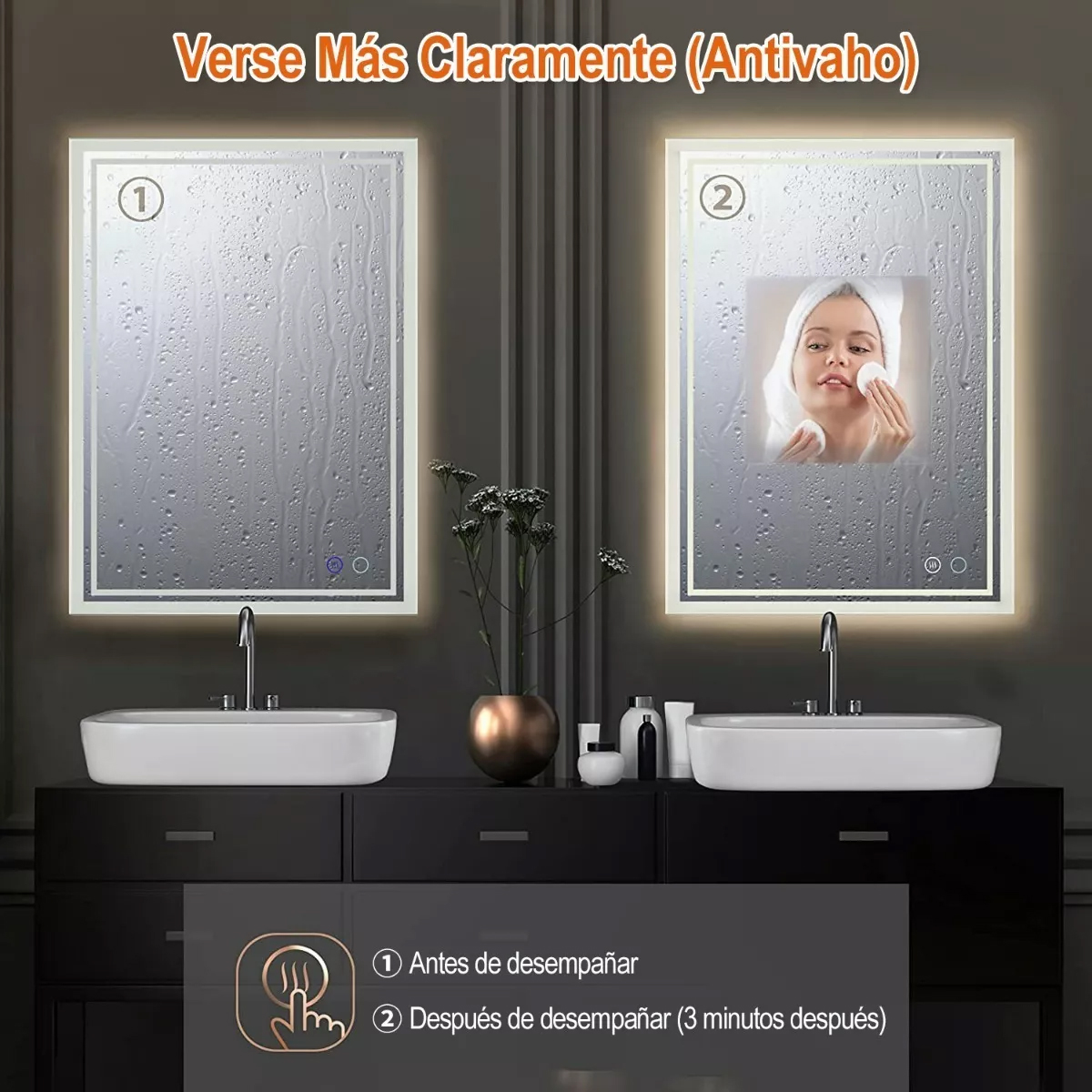 Foto 4 pulgar | Espejo Led Baño 50x70cm Touch 3 Modo Con Función Antivaho