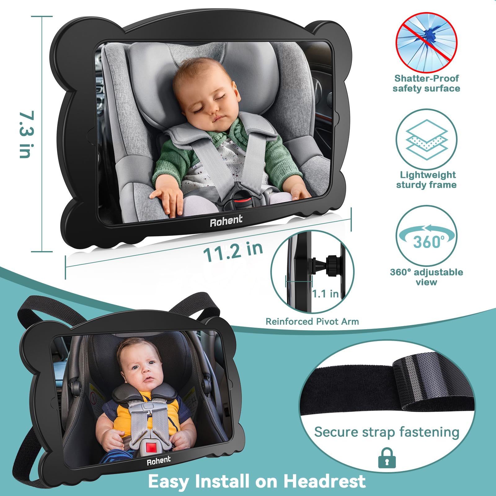 Foto 5 pulgar | Espejo De Coche Para Bebé Rohent, Ajustable 360°, Paquete De 2, Irrompible - Venta Internacional.