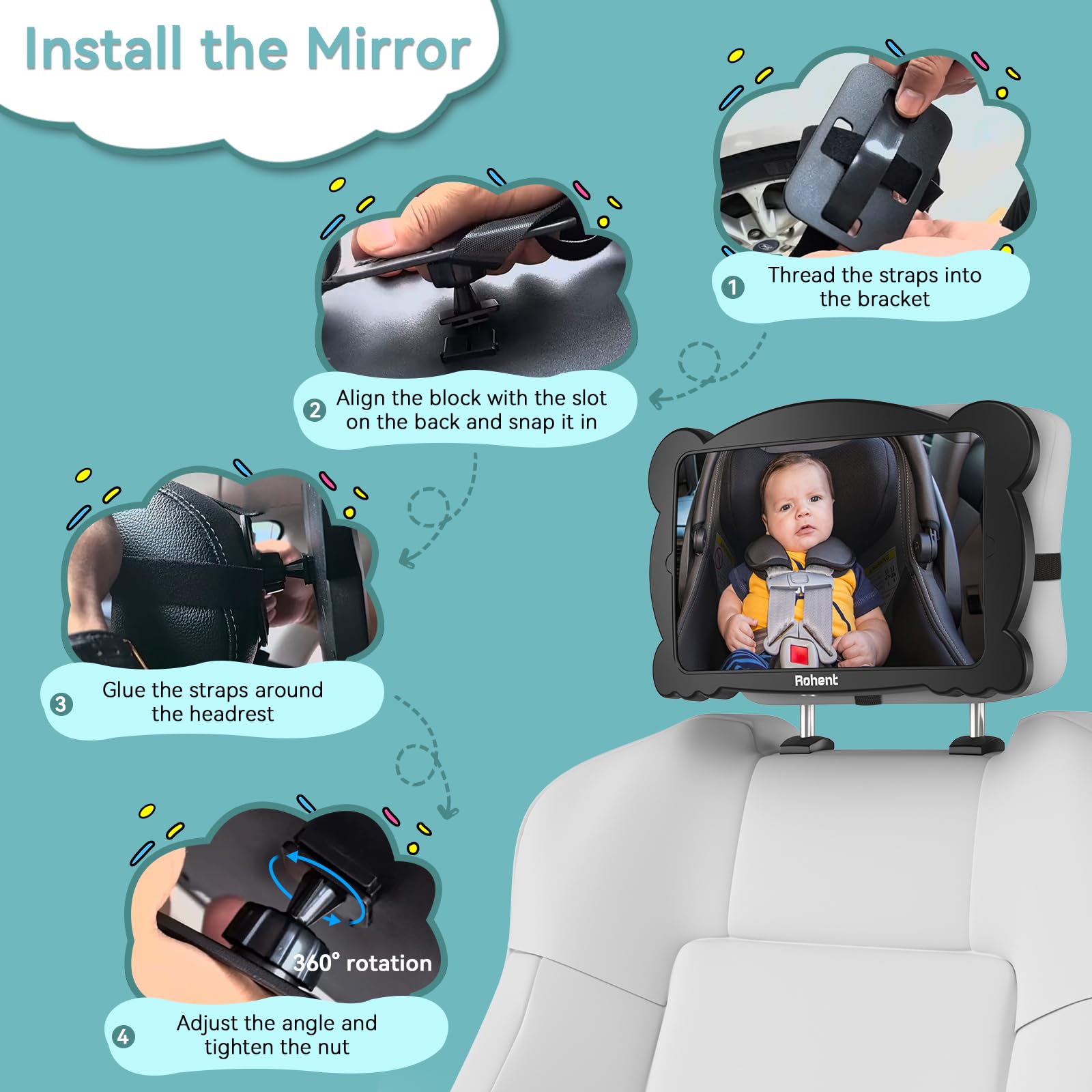 Foto 6 | Espejo De Coche Para Bebé Rohent, Ajustable 360°, Paquete De 2, Irrompible - Venta Internacional.
