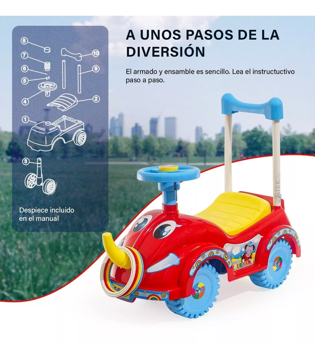 Foto 5 pulgar | Carro Montable Mytoy Elefante Push para Bebe Rojo