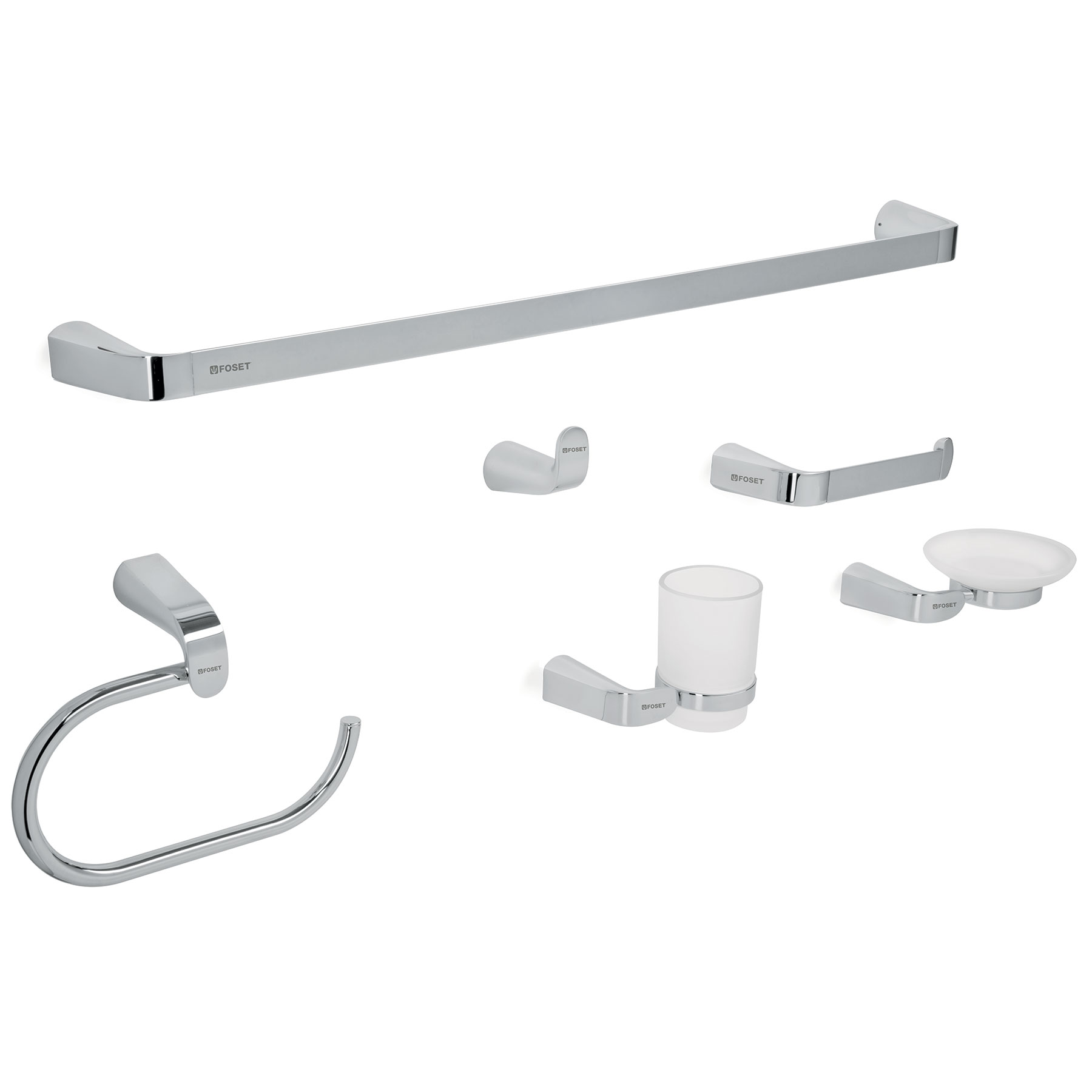 Juego de Accesorios para Baño Foset RIA-7000 color Plata Cromado 6 PZAS Línea Riviera