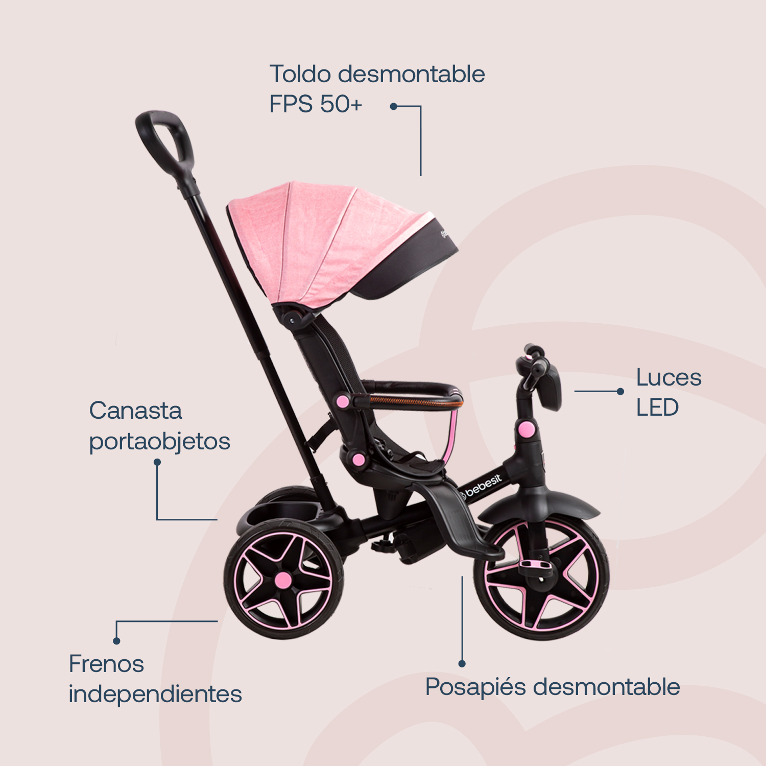 Foto 4 | Triciclo para Bebé Bebesit Explorer Negro con Rosa