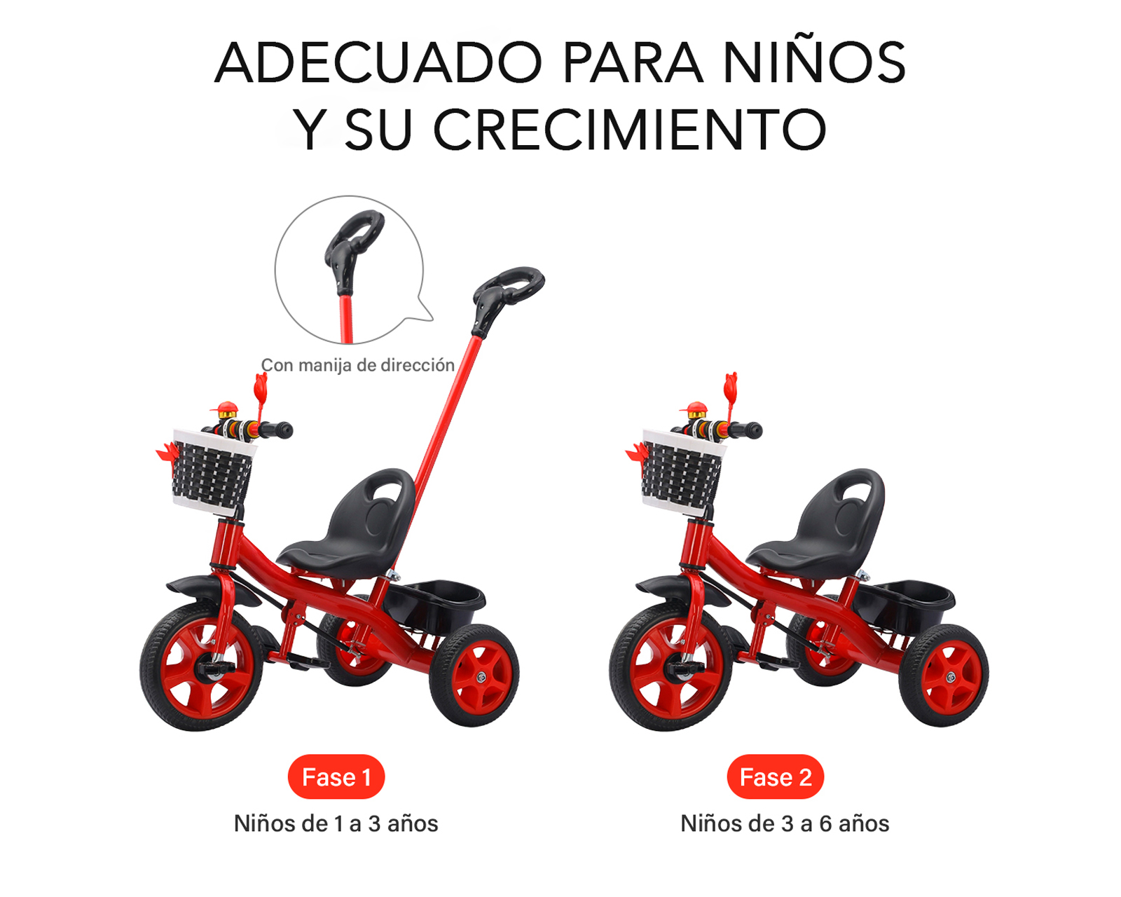 Foto 5 | Triciclo 2 En 1 Con Barra De Empuje Basitex Color Rojo