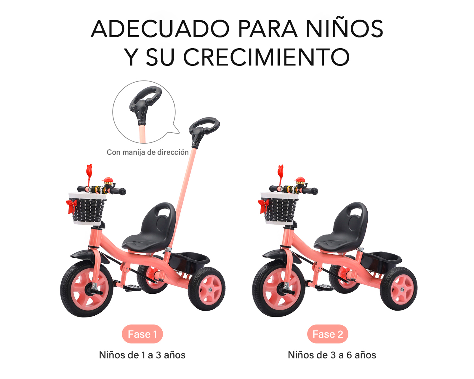 Foto 5 | Triciclo 2 En 1 Con Barra De Empuje Basitex Color Rosa