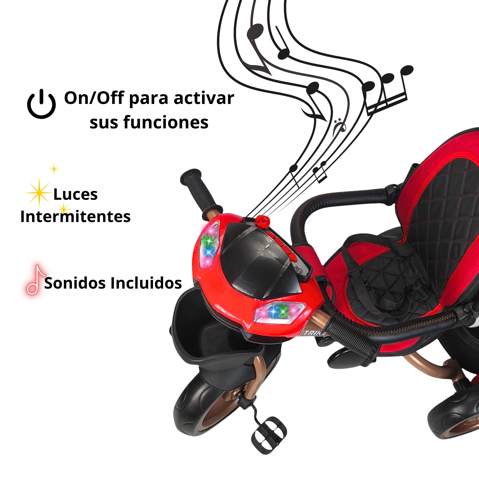Foto 3 pulgar | Triciclo Infantil Tipo Carriola Con Bastón Ajustable Luz Y Sonido - Rojo