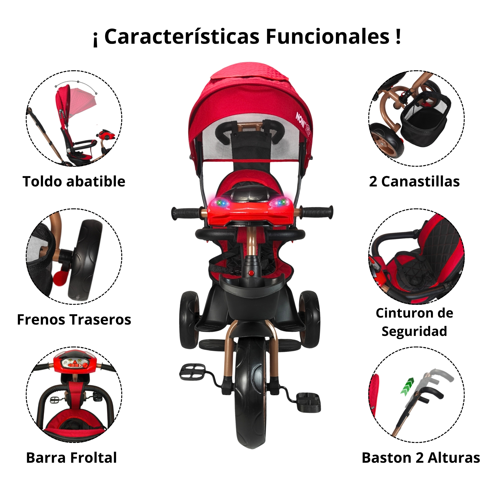 Foto 4 pulgar | Triciclo Infantil Tipo Carriola Con Bastón Ajustable Luz Y Sonido - Rojo