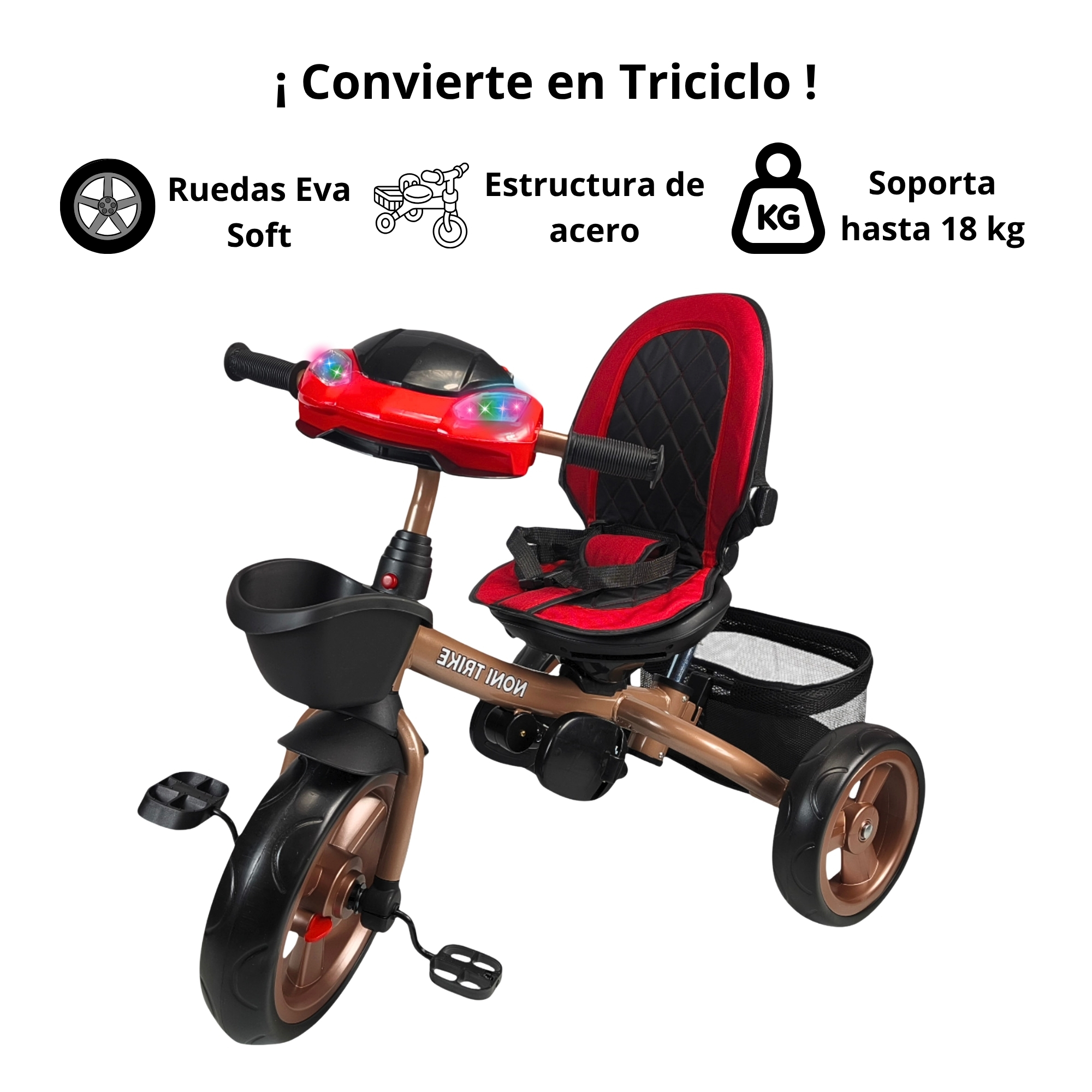 Foto 5 pulgar | Triciclo Infantil Tipo Carriola Con Bastón Ajustable Luz Y Sonido - Rojo