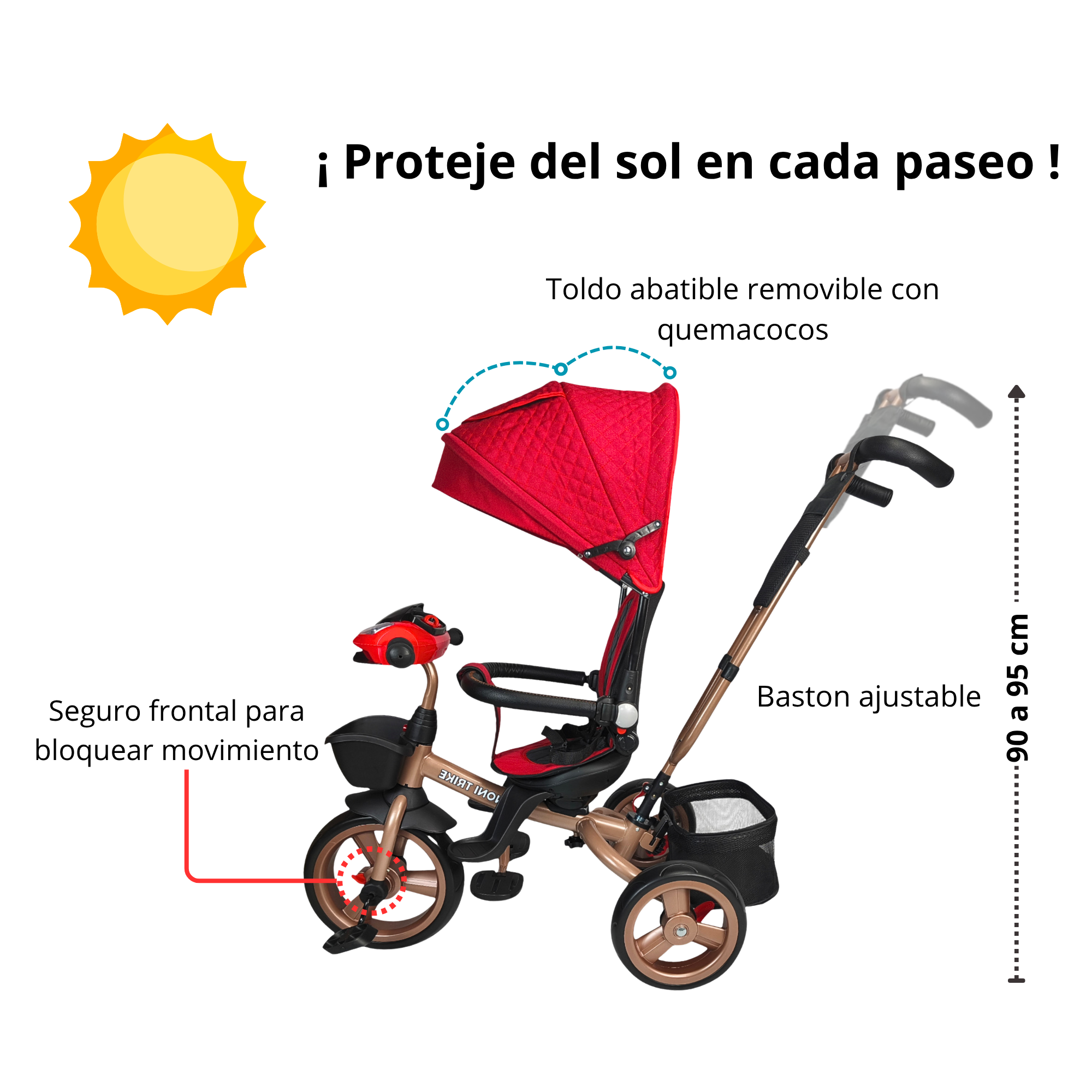 Foto 6 pulgar | Triciclo Infantil Tipo Carriola Con Bastón Ajustable Luz Y Sonido - Rojo