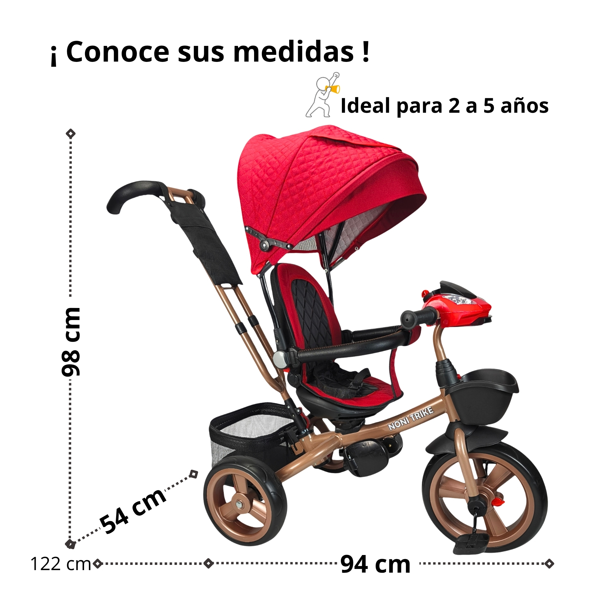 Foto 7 pulgar | Triciclo Infantil Tipo Carriola Con Bastón Ajustable Luz Y Sonido - Rojo