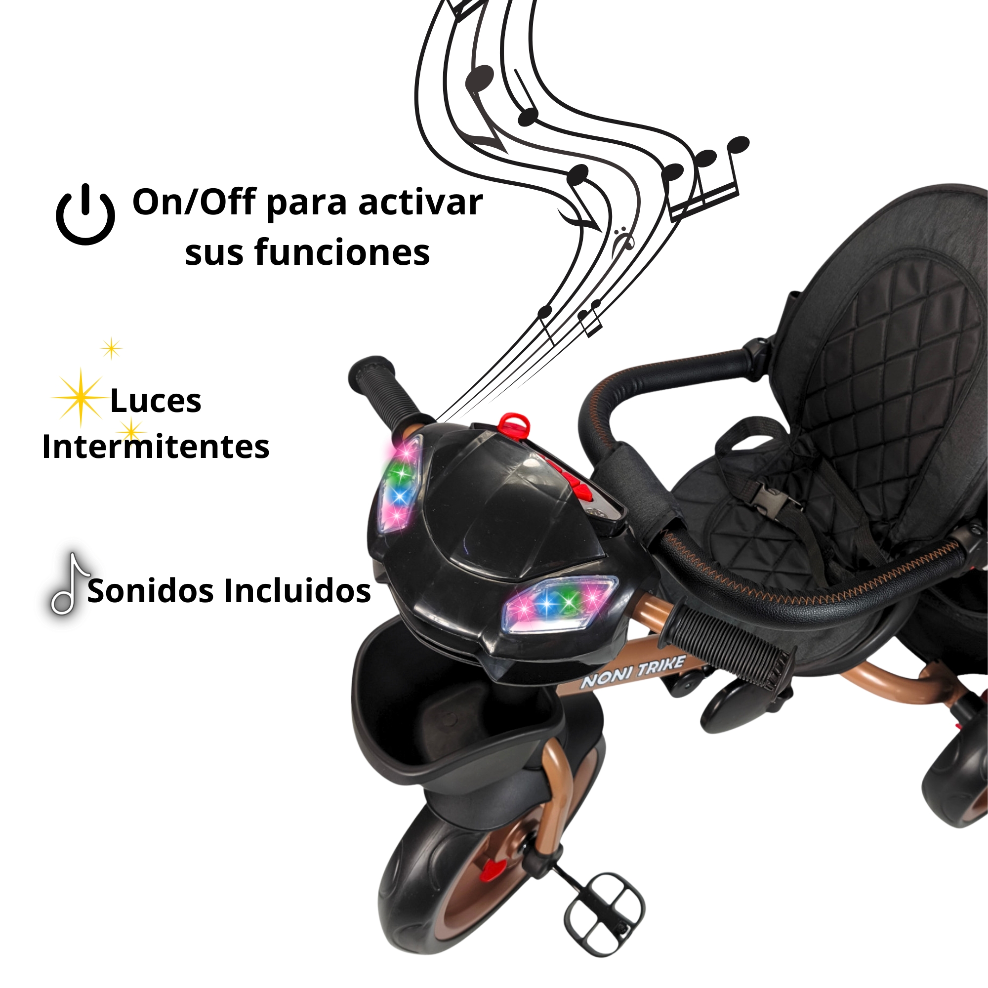 Foto 3 pulgar | Triciclo Infantil Tipo Carriola Con Bastón Ajustable Luz Y Sonido - Negro