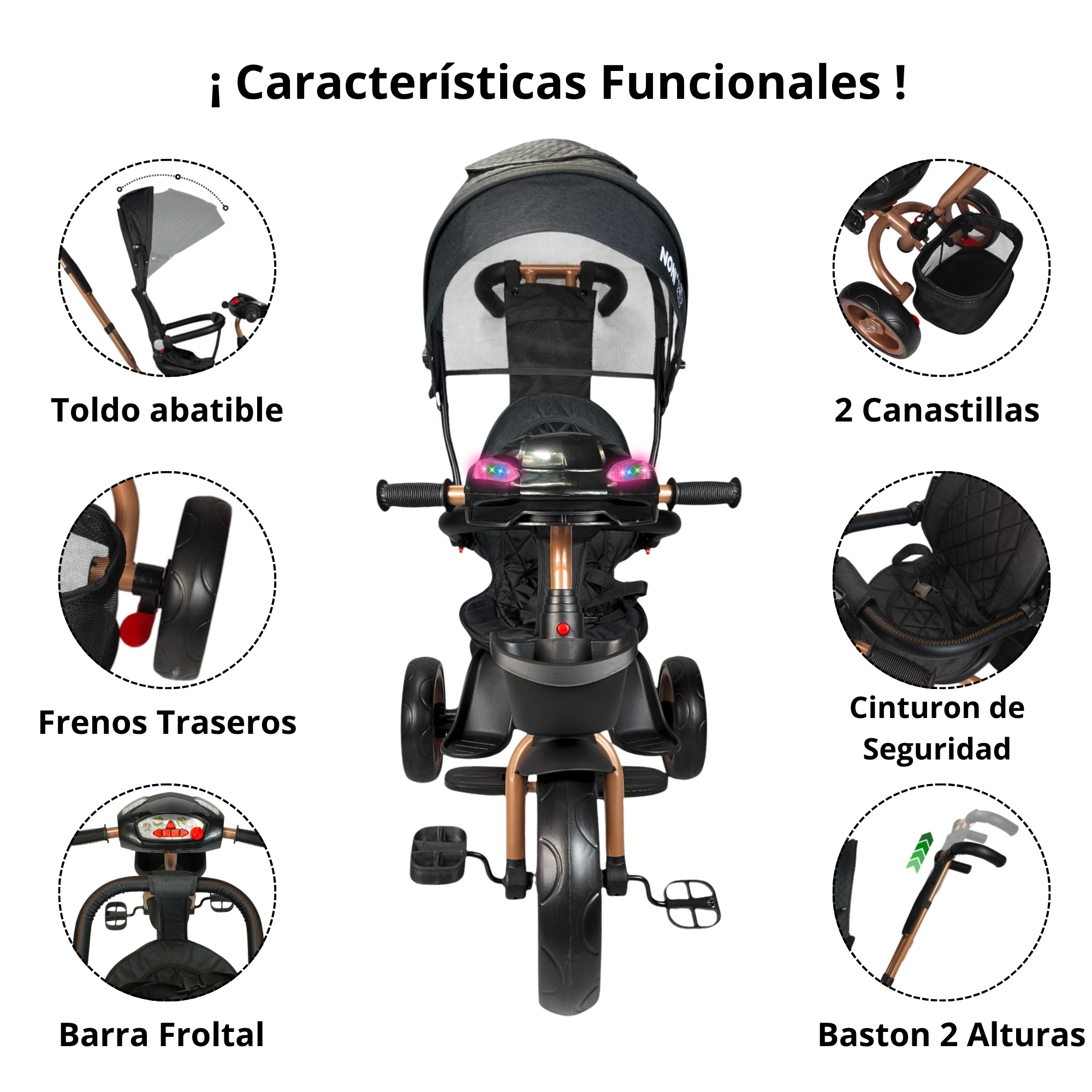 Foto 4 pulgar | Triciclo Infantil Tipo Carriola Con Bastón Ajustable Luz Y Sonido - Negro