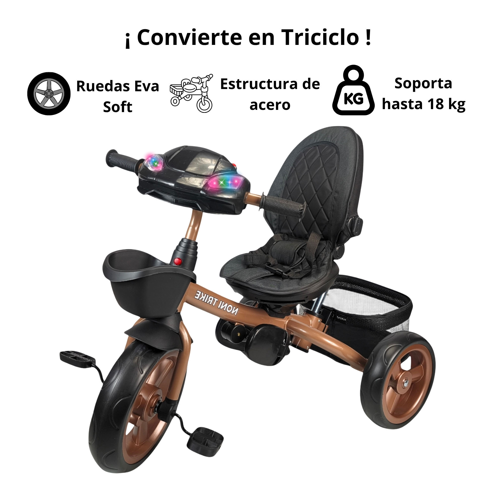 Foto 5 pulgar | Triciclo Infantil Tipo Carriola Con Bastón Ajustable Luz Y Sonido - Negro