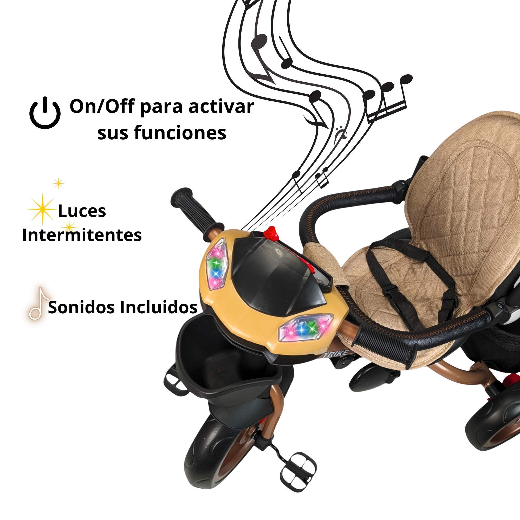 Foto 3 pulgar | Triciclo Infantil Tipo Carriola Con Bastón Ajustable Luz Y Sonido - Caqui