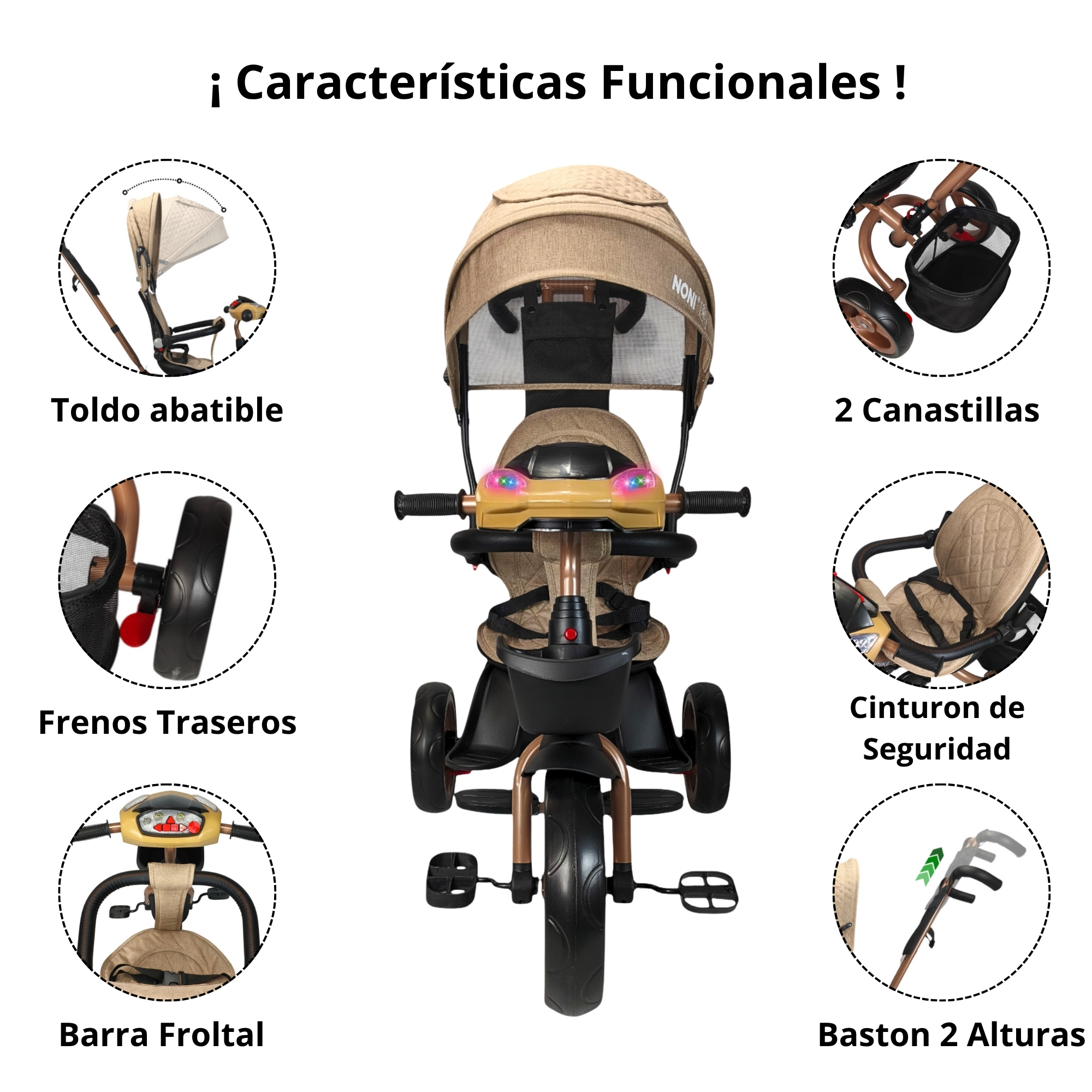 Foto 4 pulgar | Triciclo Infantil Tipo Carriola Con Bastón Ajustable Luz Y Sonido - Caqui