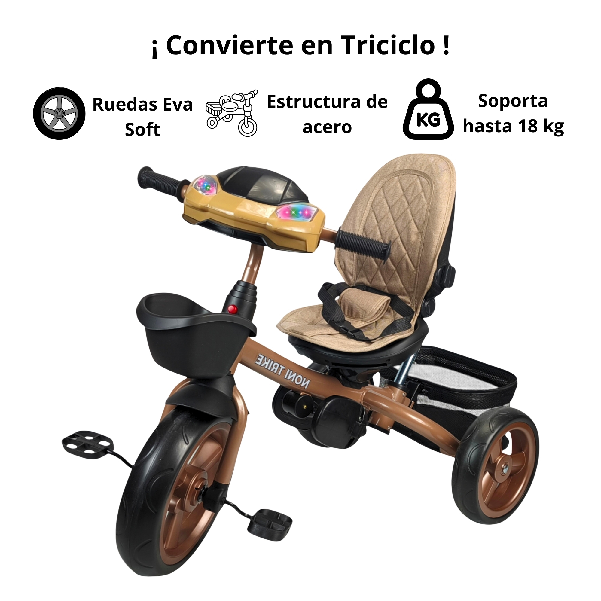 Foto 5 pulgar | Triciclo Infantil Tipo Carriola Con Bastón Ajustable Luz Y Sonido - Caqui