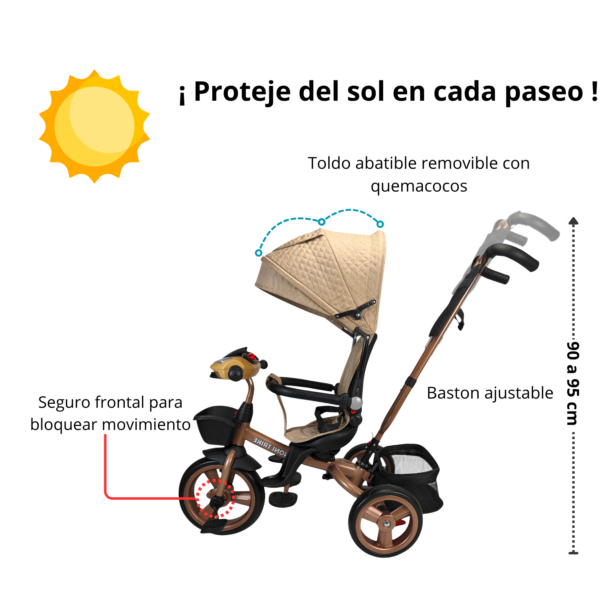 Foto 6 pulgar | Triciclo Infantil Tipo Carriola Con Bastón Ajustable Luz Y Sonido - Caqui