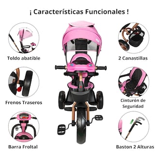 Foto 3 | Triciclo Infantil Tipo Carriola Con Bastón Ajustable Luz Y Sonido - Rosa