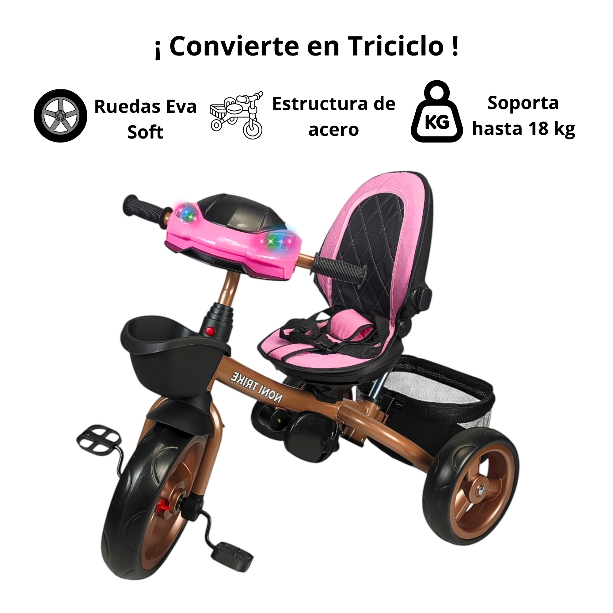 Foto 5 pulgar | Triciclo Infantil Tipo Carriola Con Bastón Ajustable Luz Y Sonido - Rosa
