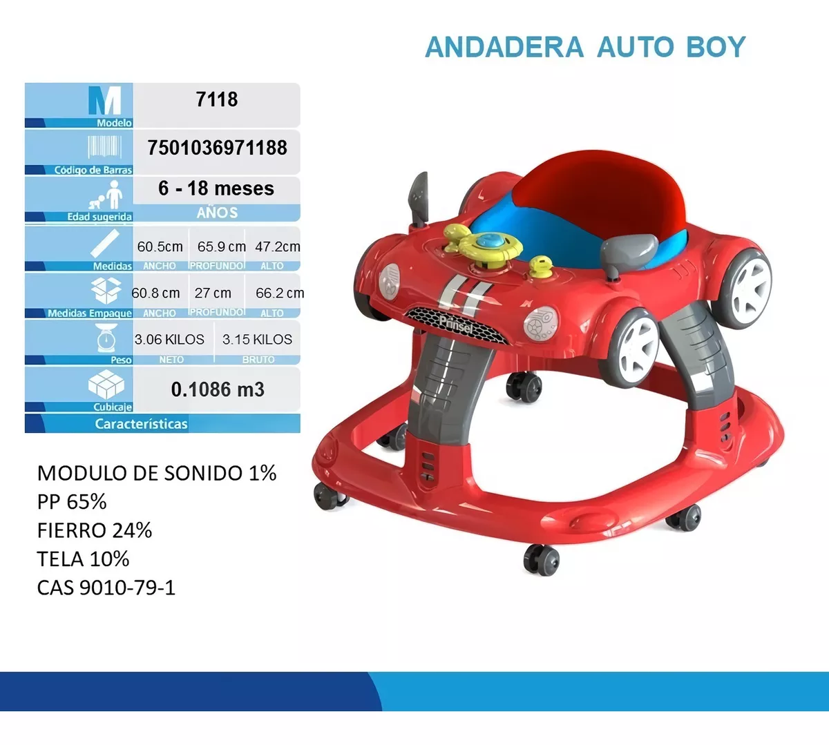 Foto 7 | Andadera Prinsel 7118 color Rojo Auto Boy