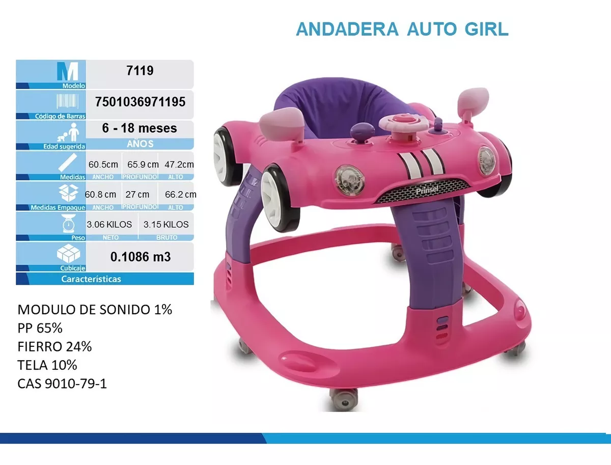 Foto 9 pulgar | Andadera Prinsel 7119 color Rosa Auto Girl