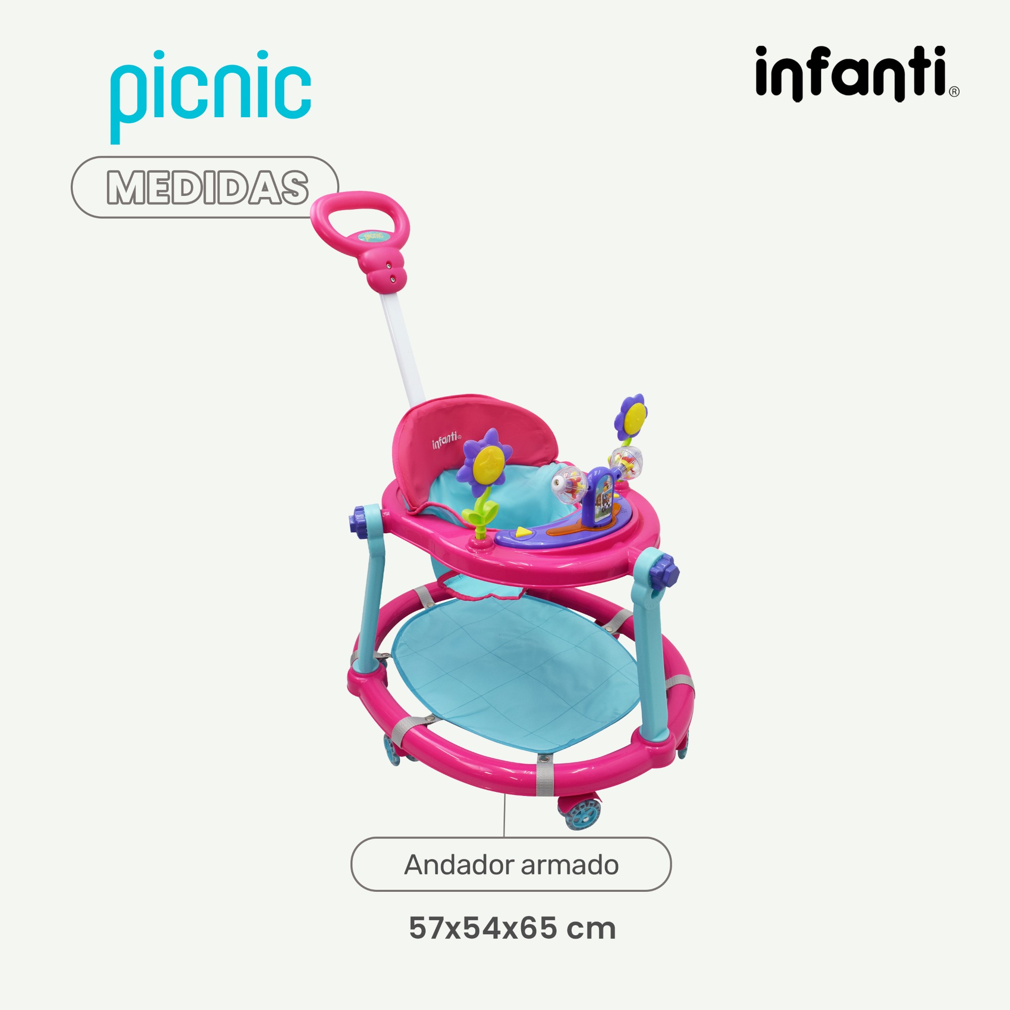 Foto 7 pulgar | Infanti Andadera Picnic Plegable con Barra de Empuje Rosa