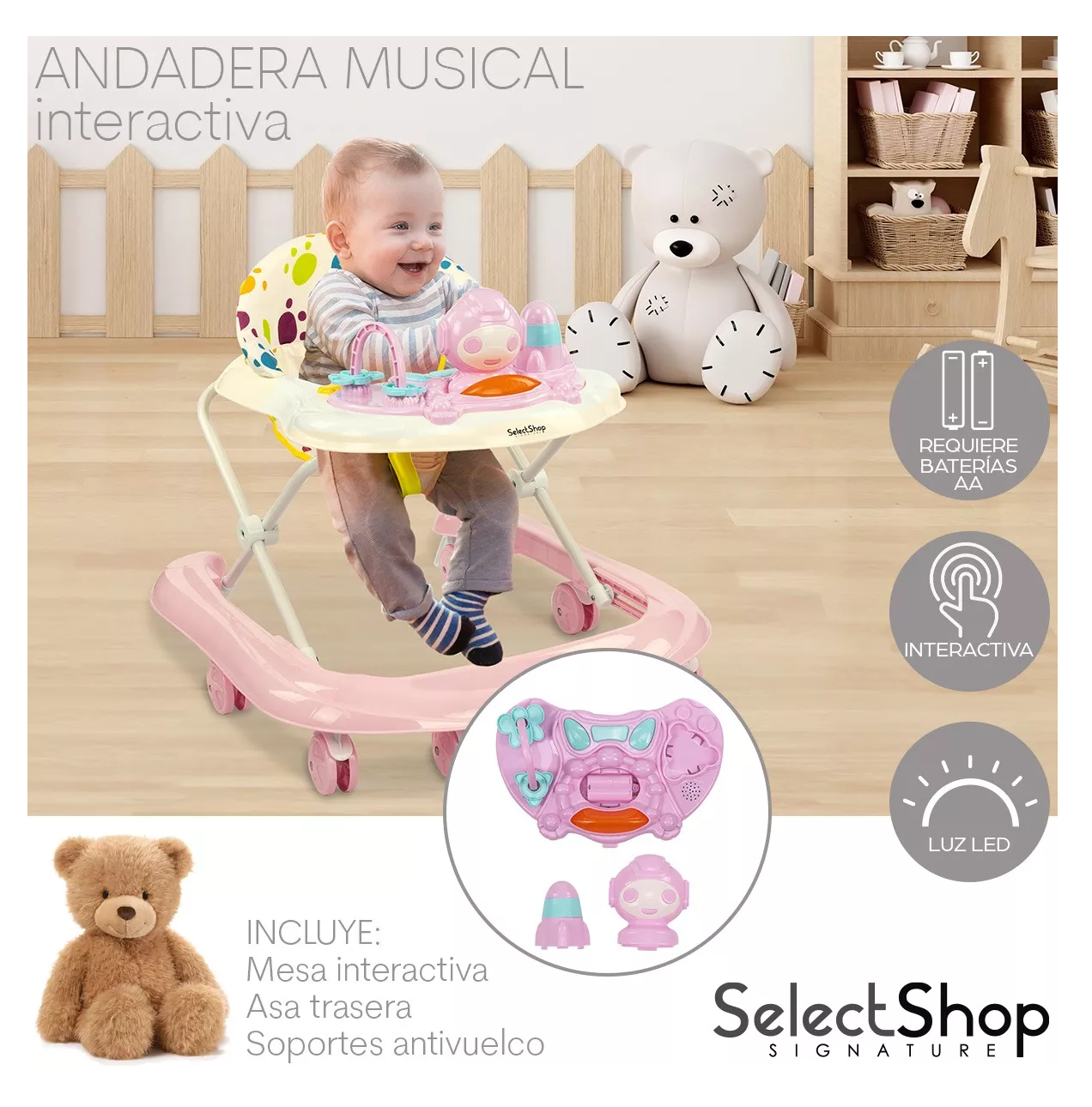 Foto 4 pulgar | Andadera Musical de Bebé SelectShop Interactiva Plegable Portátil Rosa