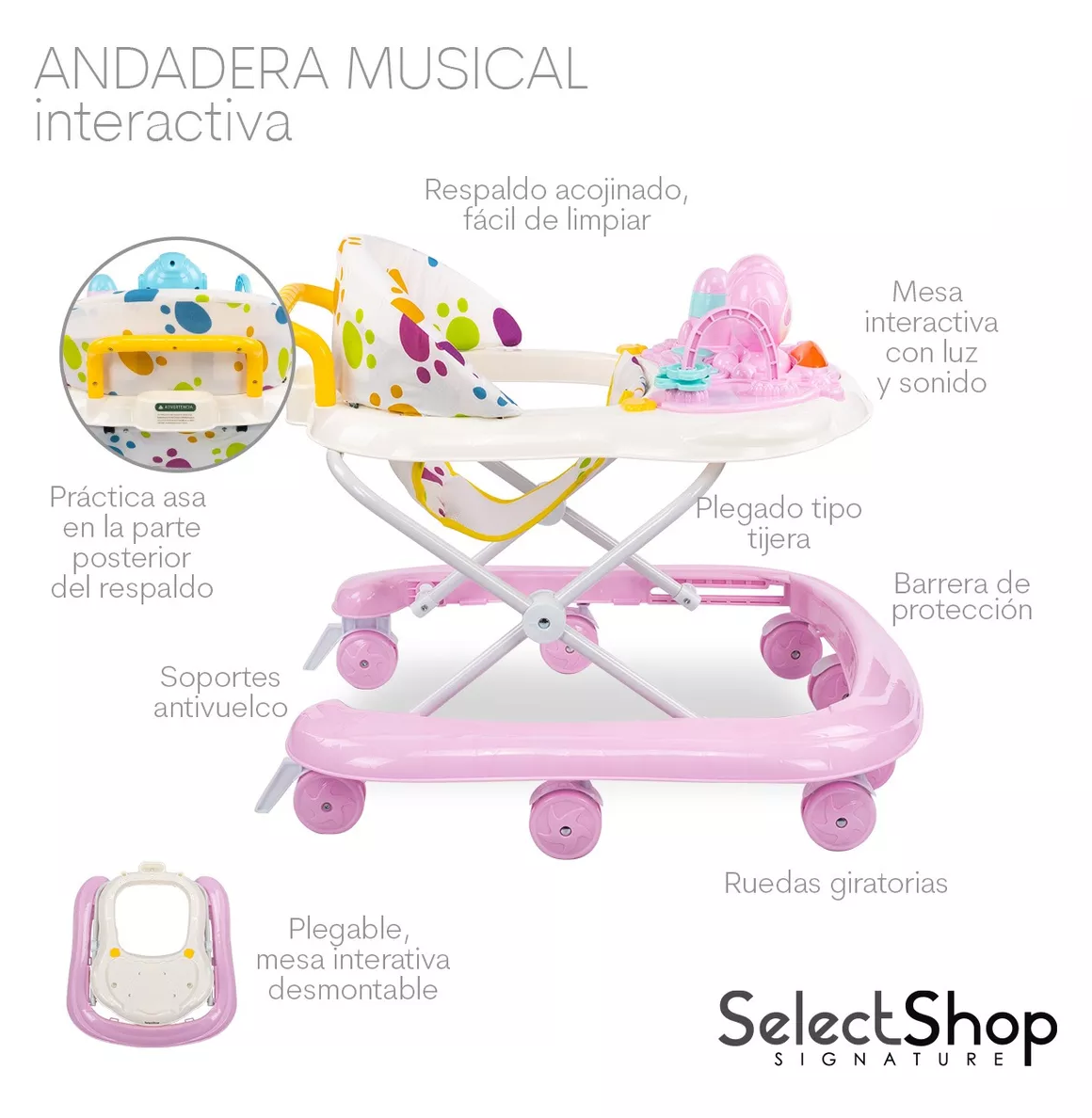 Foto 5 pulgar | Andadera Musical de Bebé SelectShop Interactiva Plegable Portátil Rosa