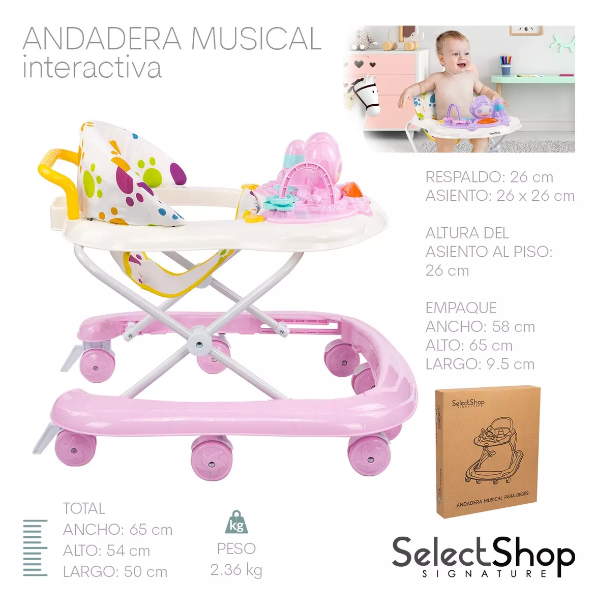 Foto 5 | Andadera Musical de Bebé SelectShop Interactiva Plegable Portátil Rosa