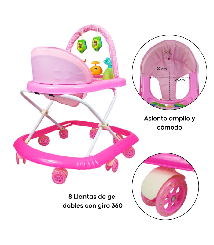 Foto 3 pulgar | Andadera Para Bebe Plegable, Andador 8 Llantas De Gel Ballena - Rosa