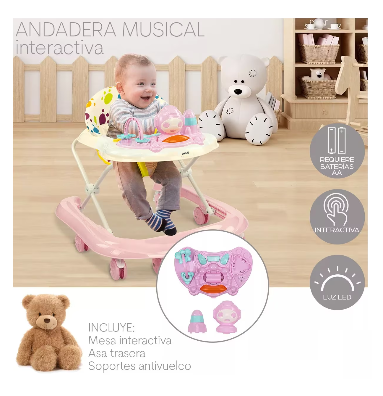 Foto 3 | Andadera Musical De Bebé Interactiva Plegable Portátil, Rosa