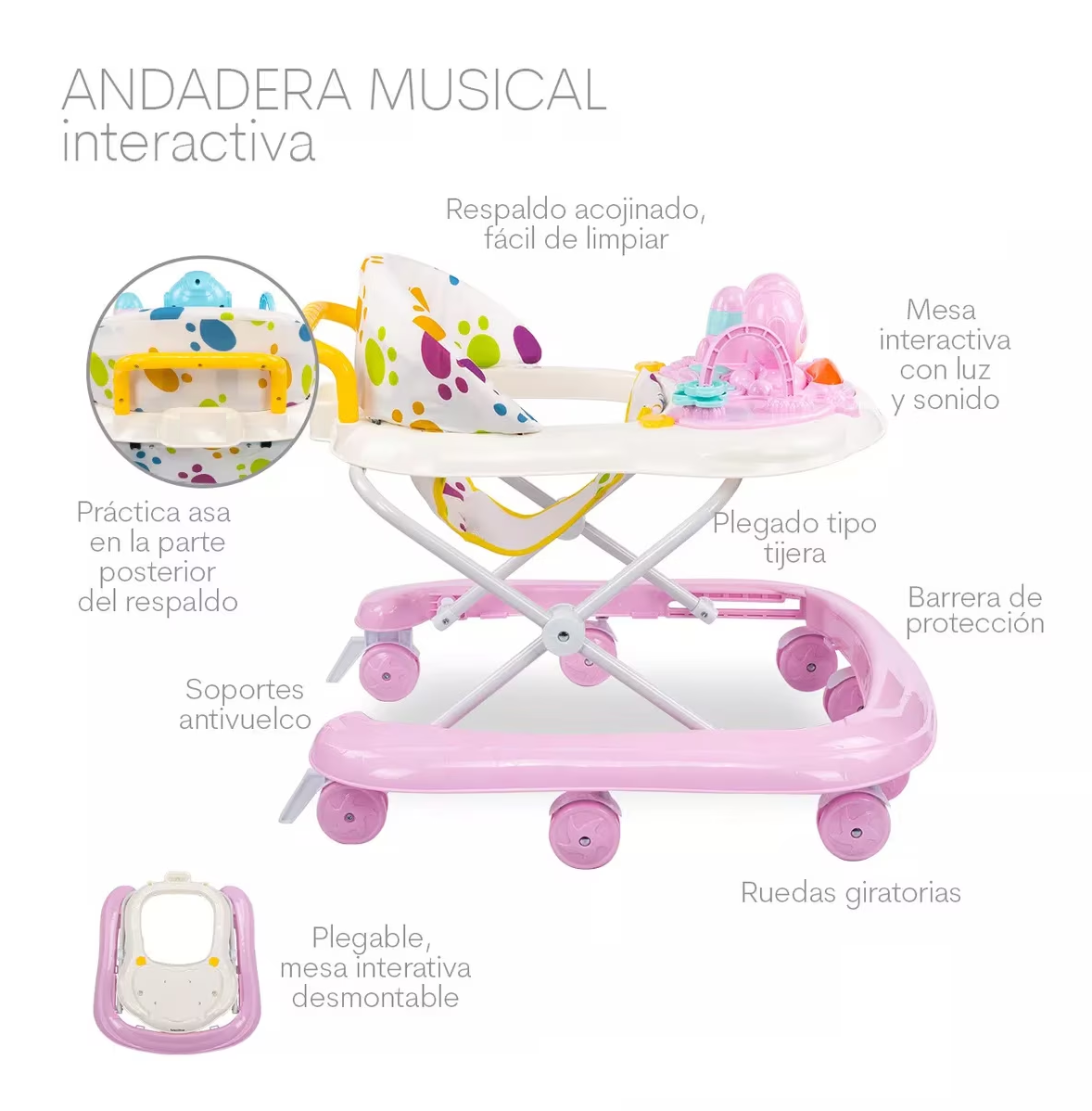 Foto 4 | Andadera Musical De Bebé Interactiva Plegable Portátil, Rosa