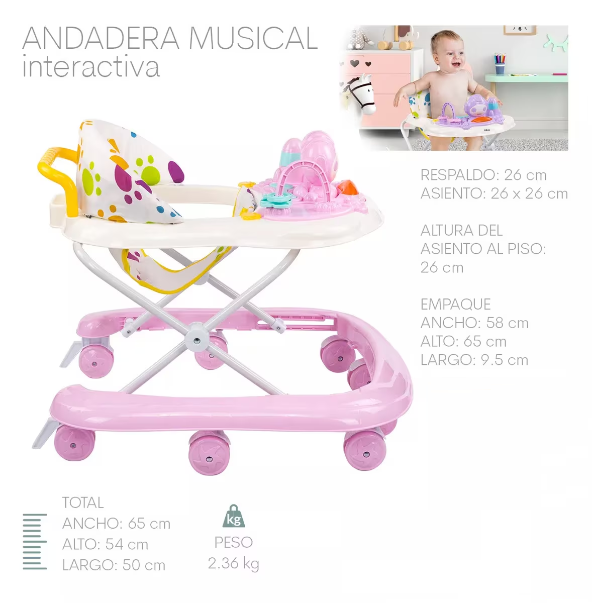 Foto 6 pulgar | Andadera Musical De Bebé Interactiva Plegable Portátil, Rosa