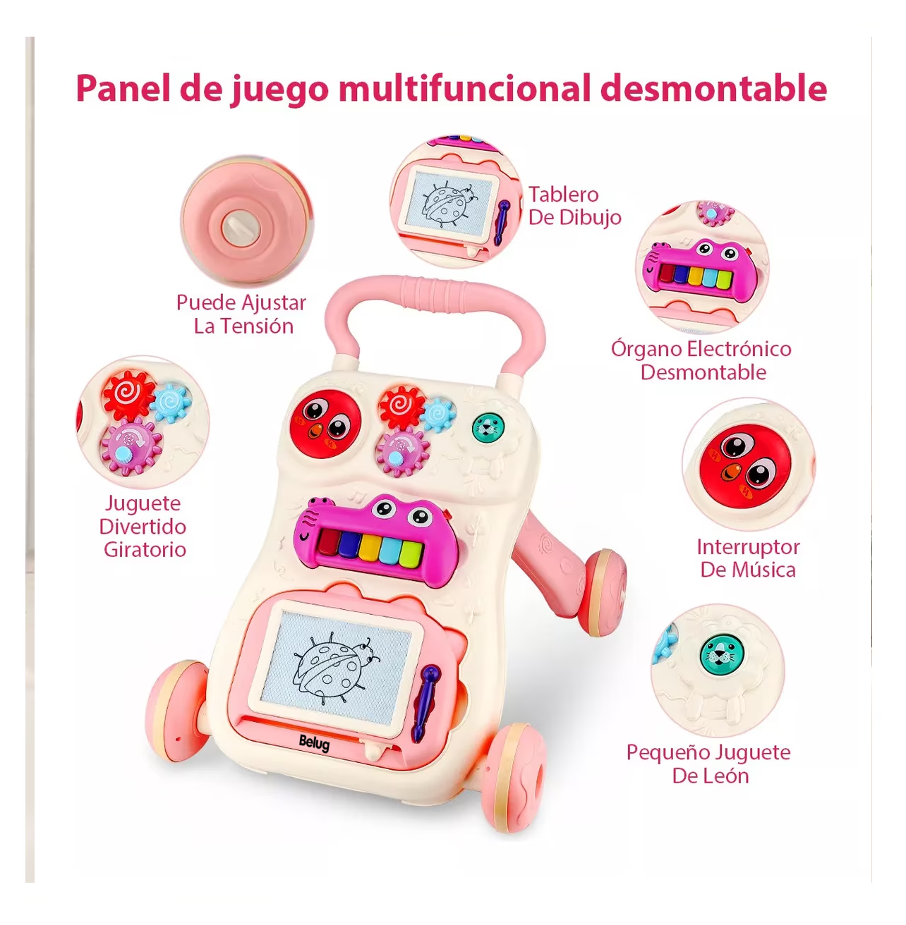 Foto 4 pulgar | Andadera Para Bebé Interactiva Musical Con Tablero De Dibujo Belug Rosa Beige