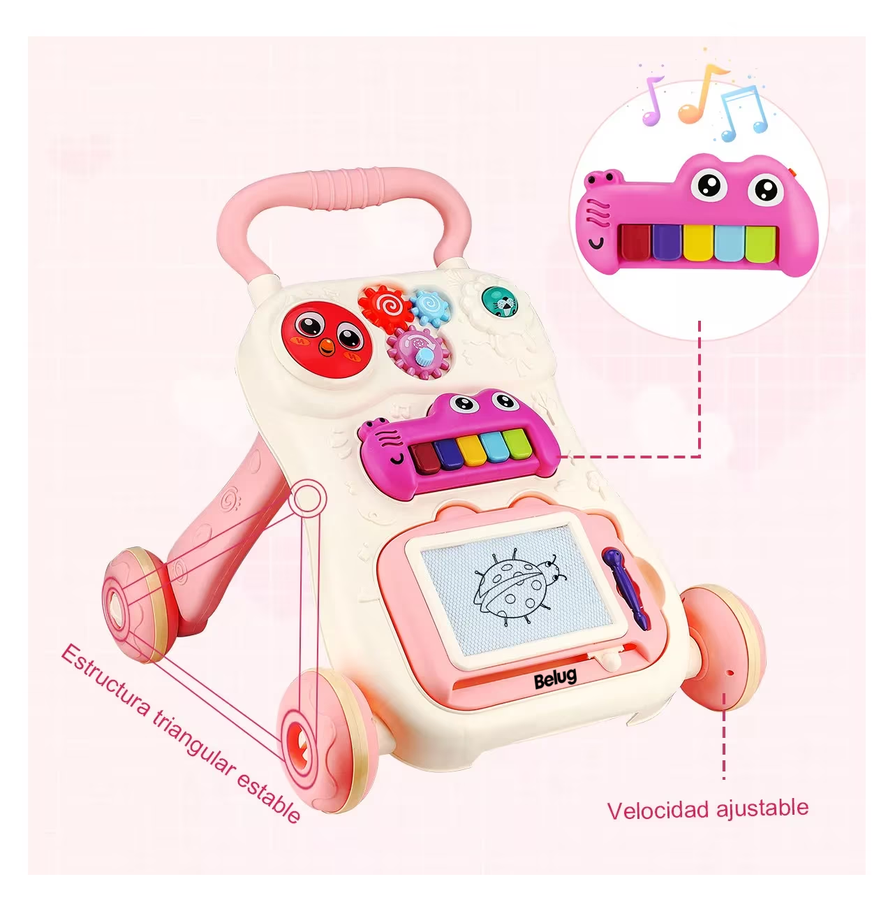 Foto 6 pulgar | Andadera Para Bebé Interactiva Musical Con Tablero De Dibujo Belug Rosa Beige