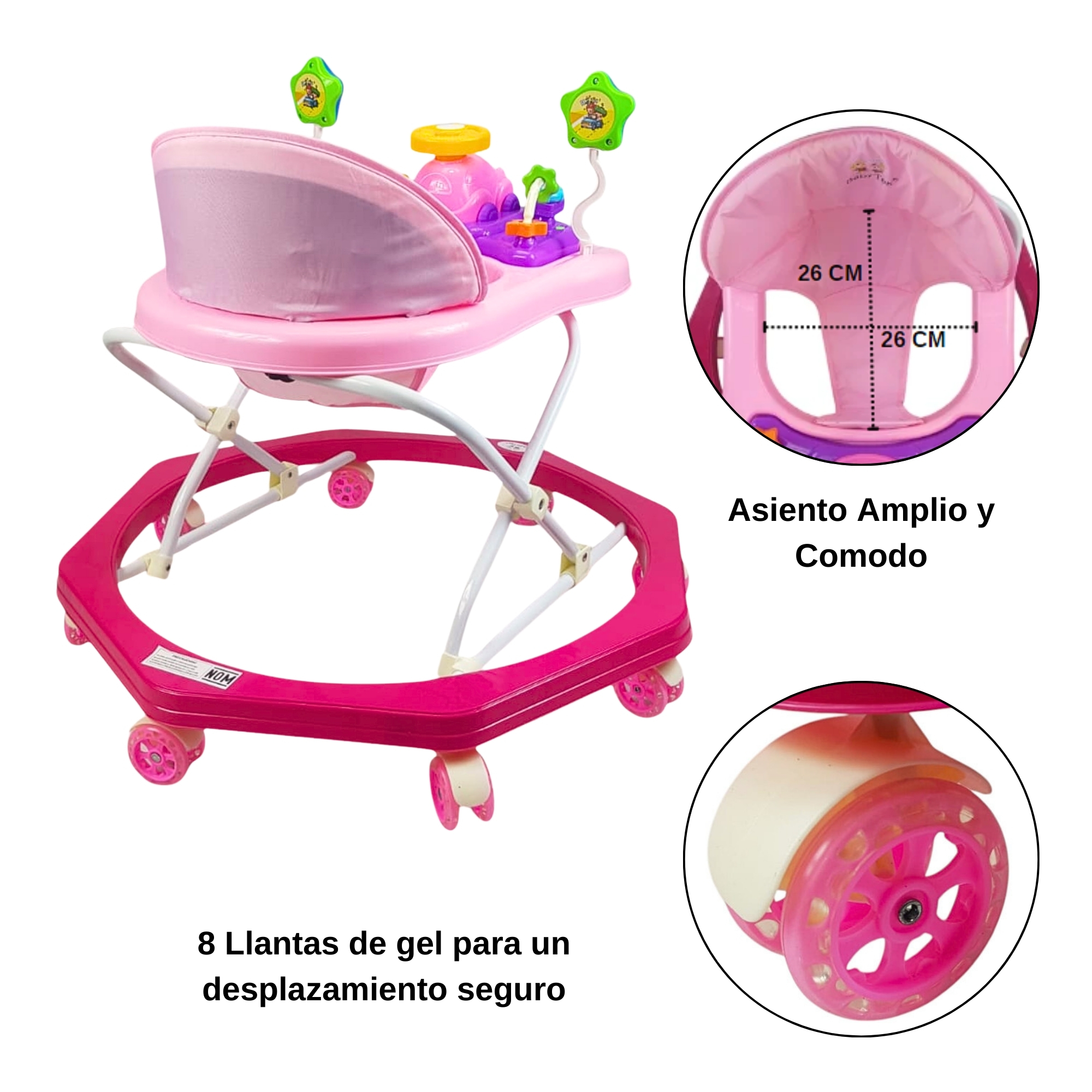 Foto 3 pulgar | Andadera Para Bebe Musical, 8 Llantas De Gel, Acolchonada, Carrito - Rosa