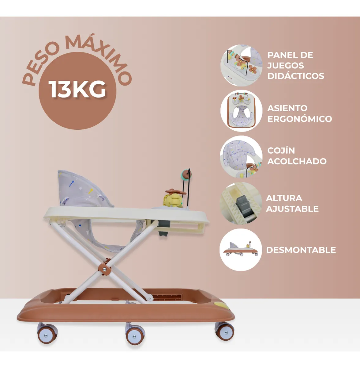 Foto 3 | Andadera Para Bebé Aeiou A003 Tablero Juguete De Helicóptero Cafe