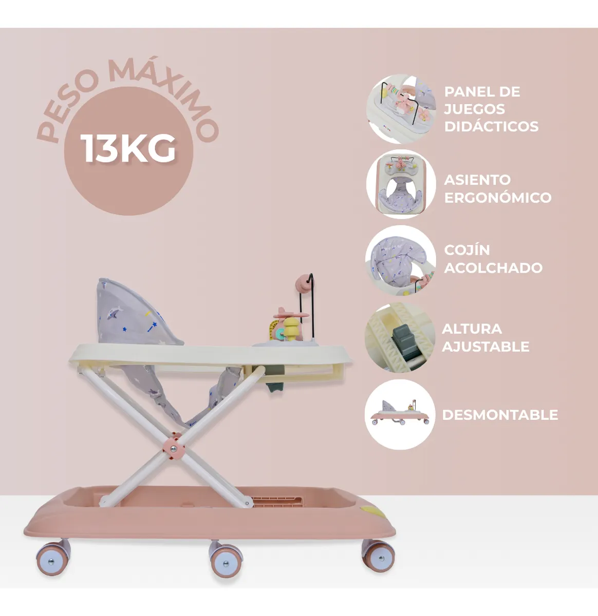 Foto 4 pulgar | Andadera Para Bebé Aeiou A003 Tablero Juguete De Helicóptero Rosa